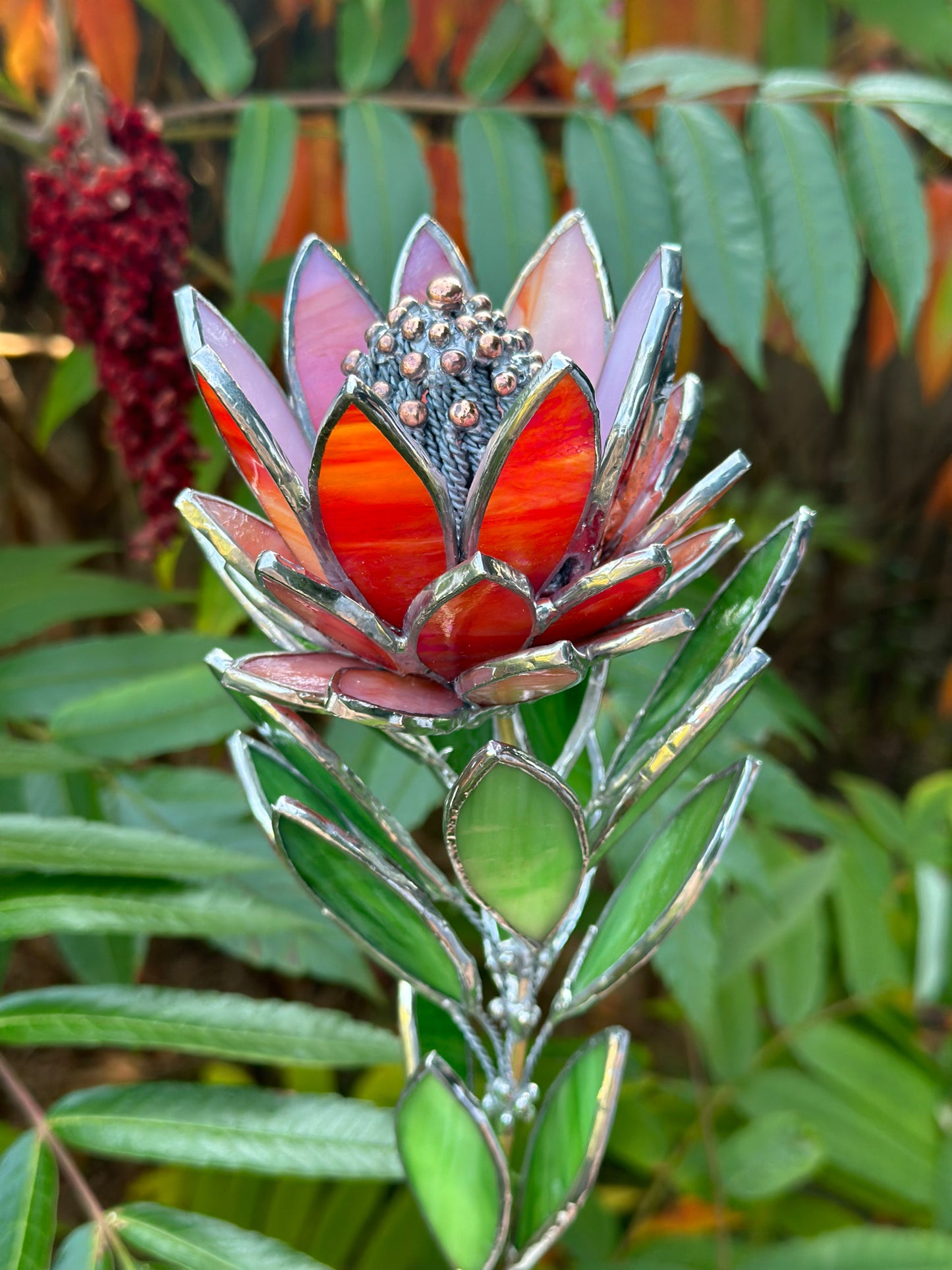 " . Amber&Red irid Protea Stained glass flower in the pot, tropical 3D Sun catcher, Table plant decor, wedding gift, available