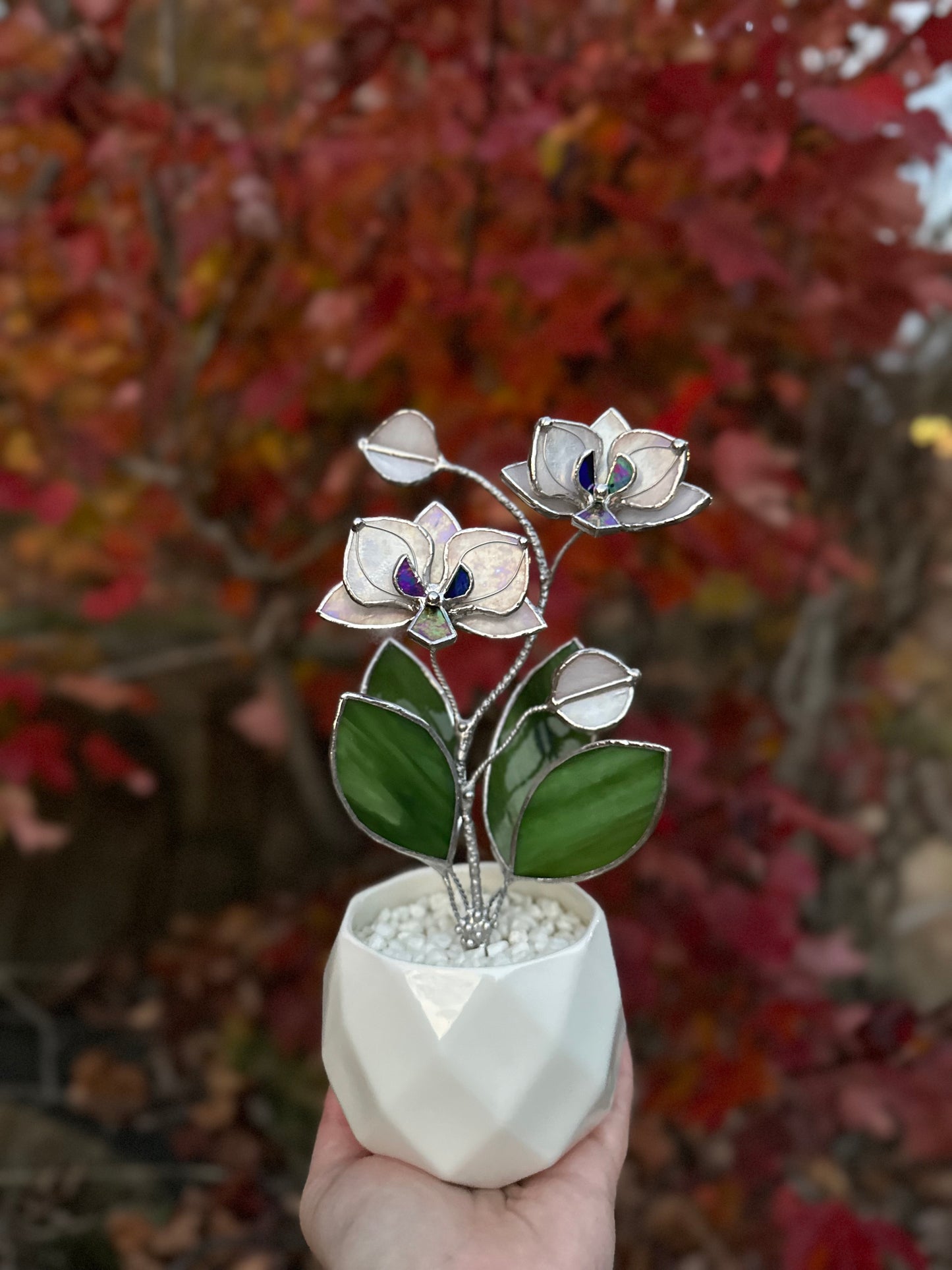 " . Orchid White Pearl iridescent, 2 flowers with pot” Stained glass tropical flower 3D, Sun catcher, Table plant decor, Garden stick, Outdoor and gardening decor