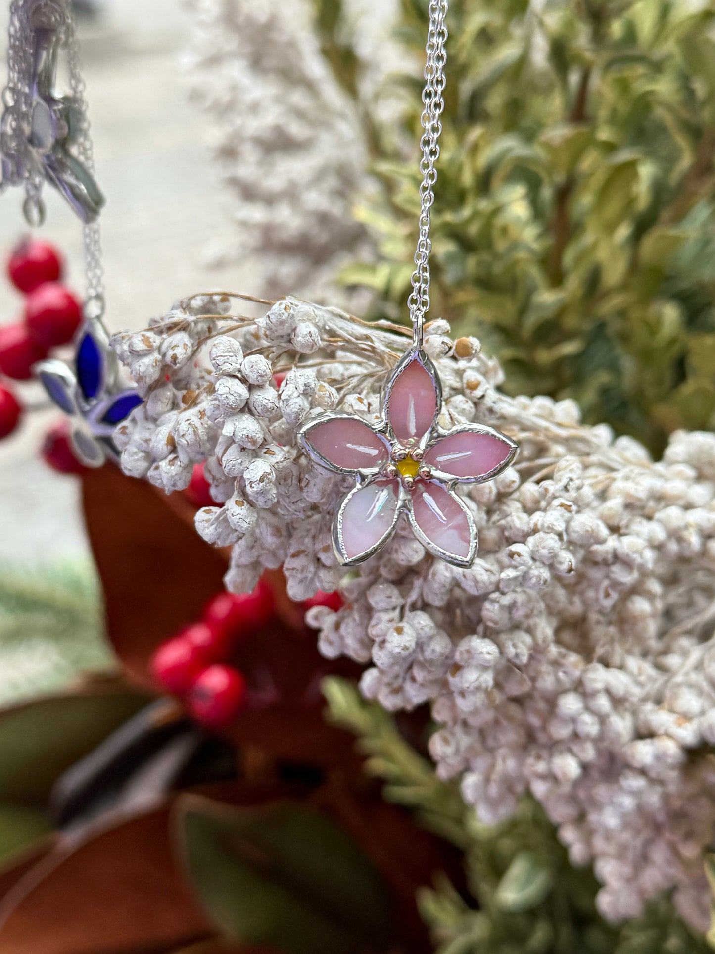 Forget Me Not Handmade Stained Glass Necklace Pink, Botanical Jewelry