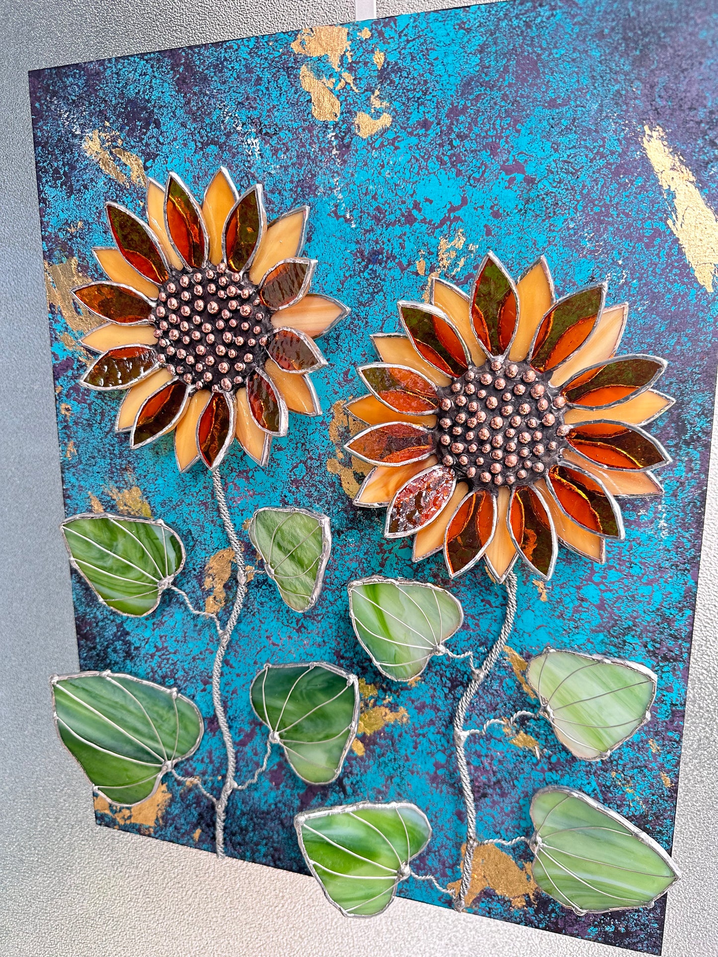 ".Acrylic painting with stained glass 3D flowers  Midnight Sunflowers" wall decor Art, Wedding, Christmas, gift  Succulents