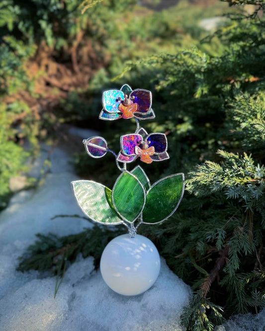 Orchid Indigo Stained Glass Artisan Flower, Botanical Table Decor