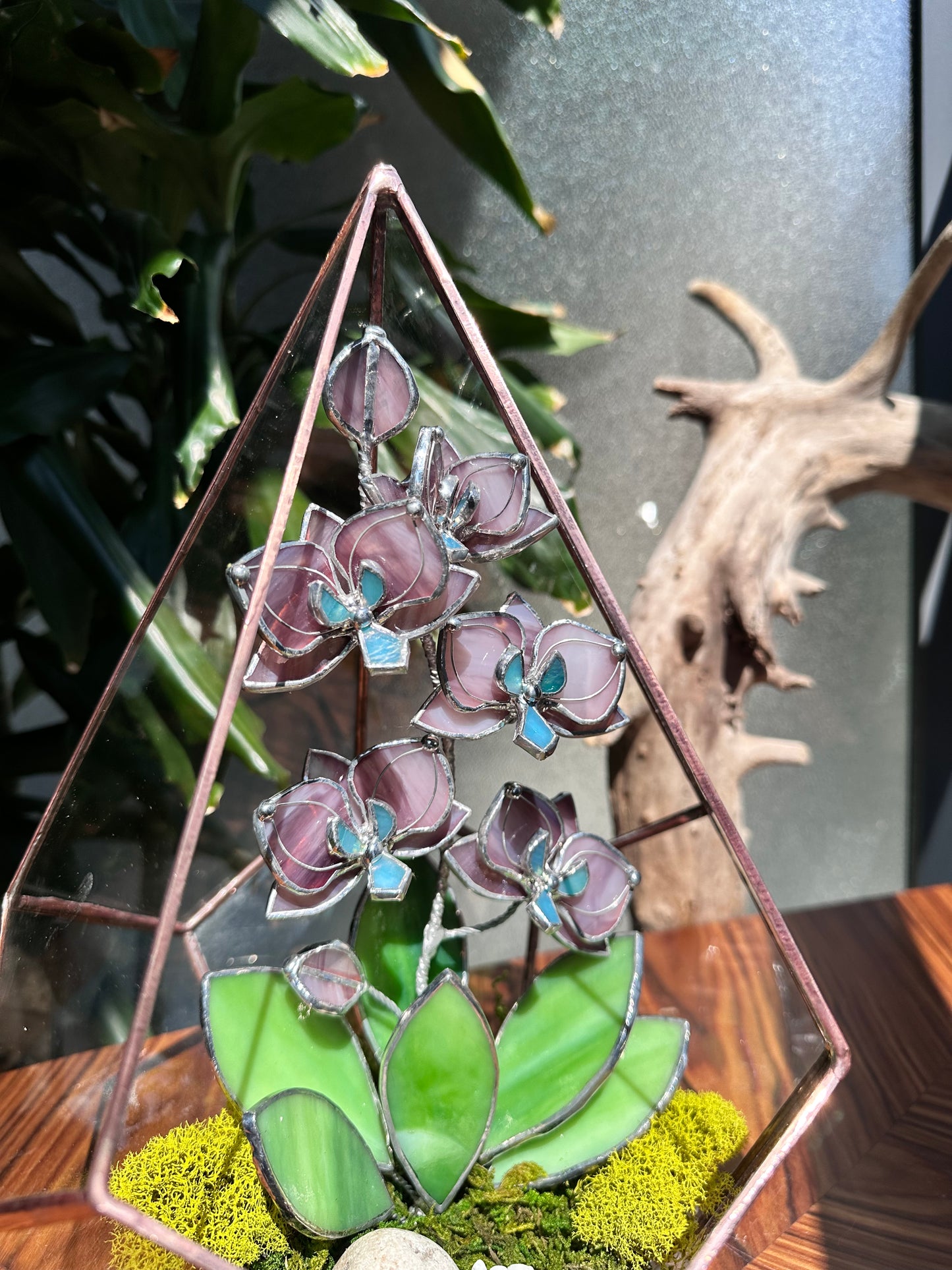 " . Geometric glass 3D terrarium Teardrop with stained glass orchids. Wedding glass decor, Mother’s Day  gift, glass art, suncatcher, succulents, cacti