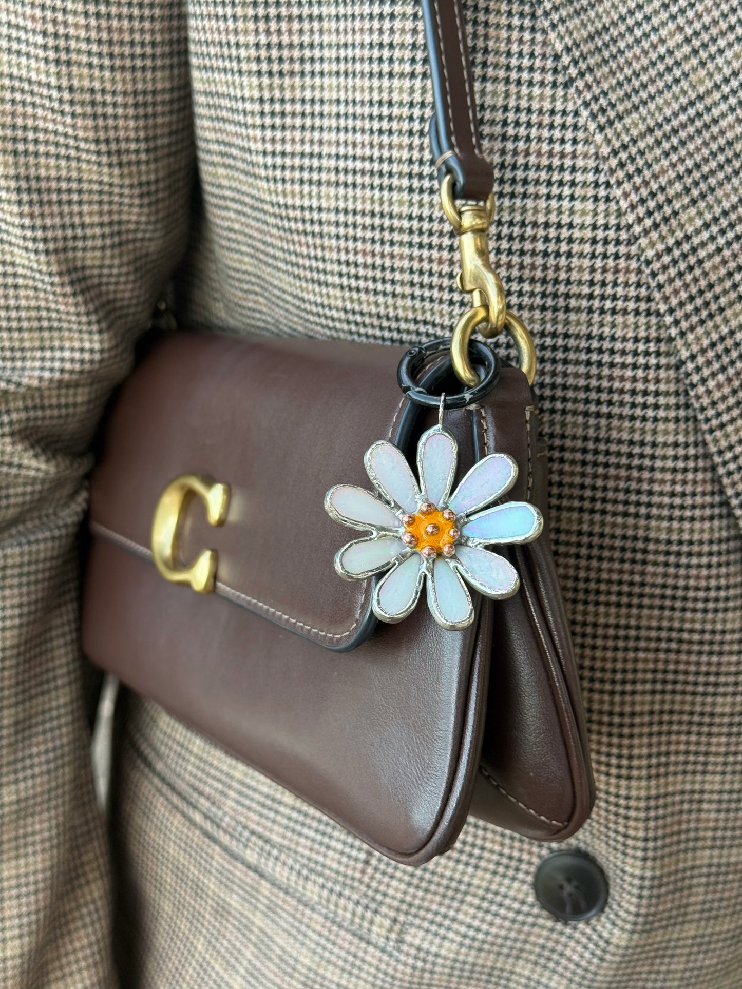 Daisy White Pearl Stained Glass Bag Charm Handmade Lead Free Accessories