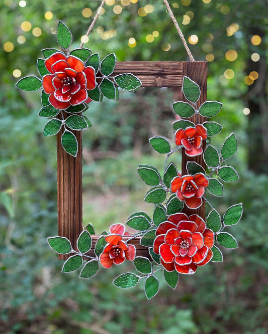 " . Flower Mirror Red Roses, Stained glass Wedding Wall Decor Christmas gift, Suncatcher