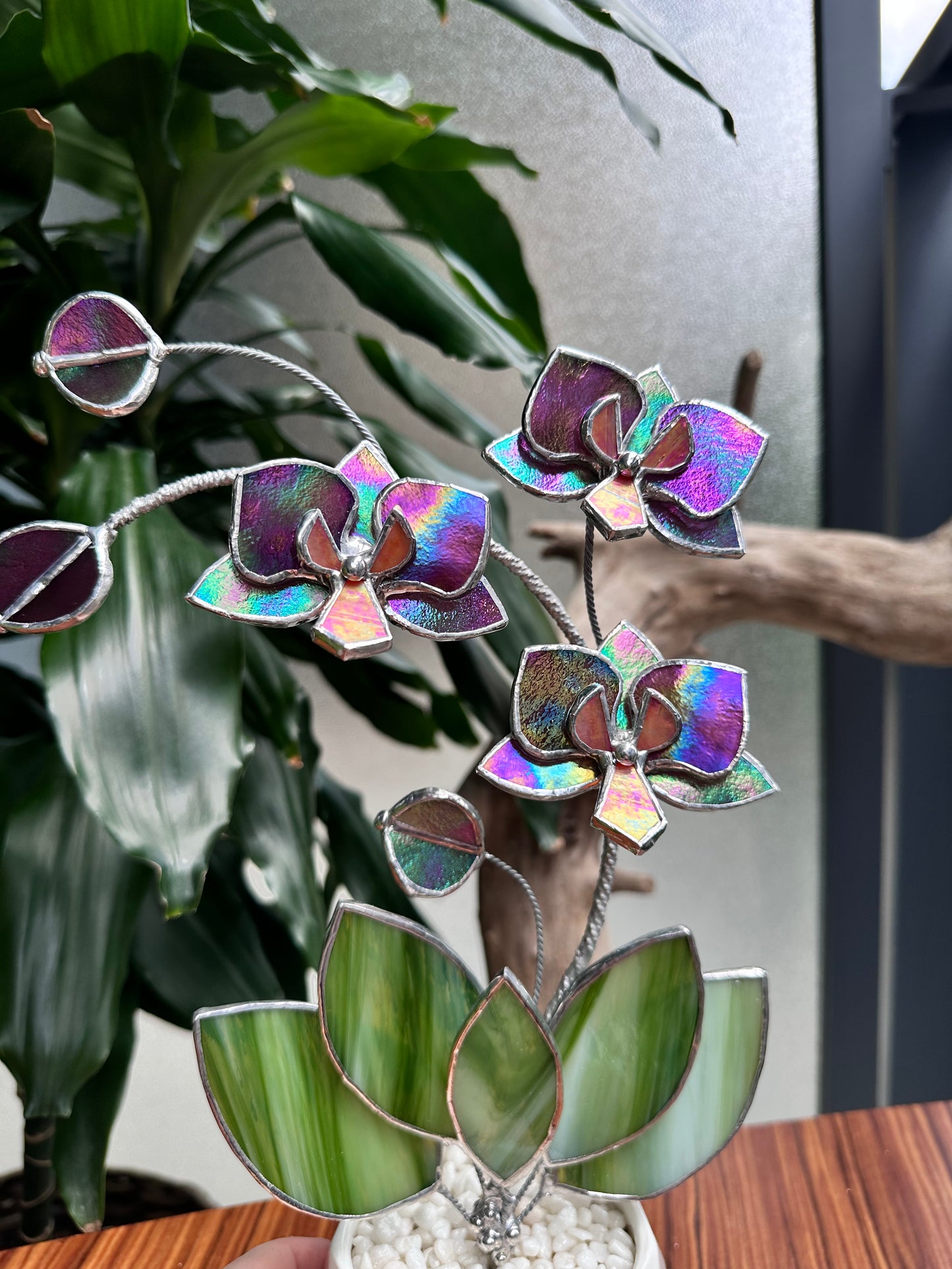 " . Mauve iridescent Orchid 3 flowers with pot” Stained glass tropical flower 3D, Sun catcher, Table plant, Garden stick, Outdoor and gardening decor