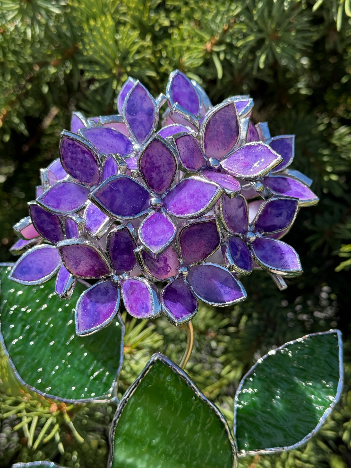 .Hand Painted Hydrangea Purple Stained glass Handcrafted Floral Home Decor