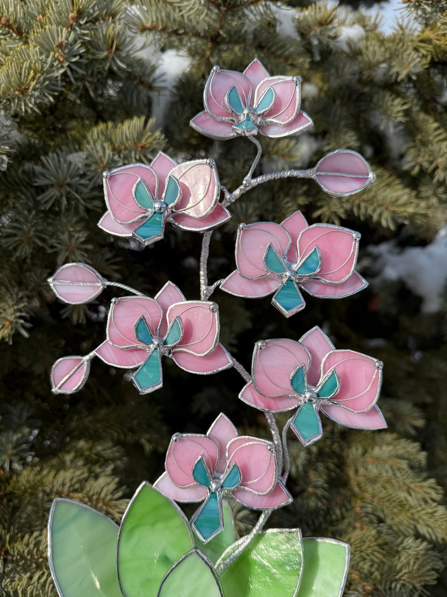 " . Bright Pink Orchid 6 flowers with pot" 2025 design, Stained glass tropical flower 3D, Sun catcher, Table plant, Garden stick, wedding decor, Christmas gift