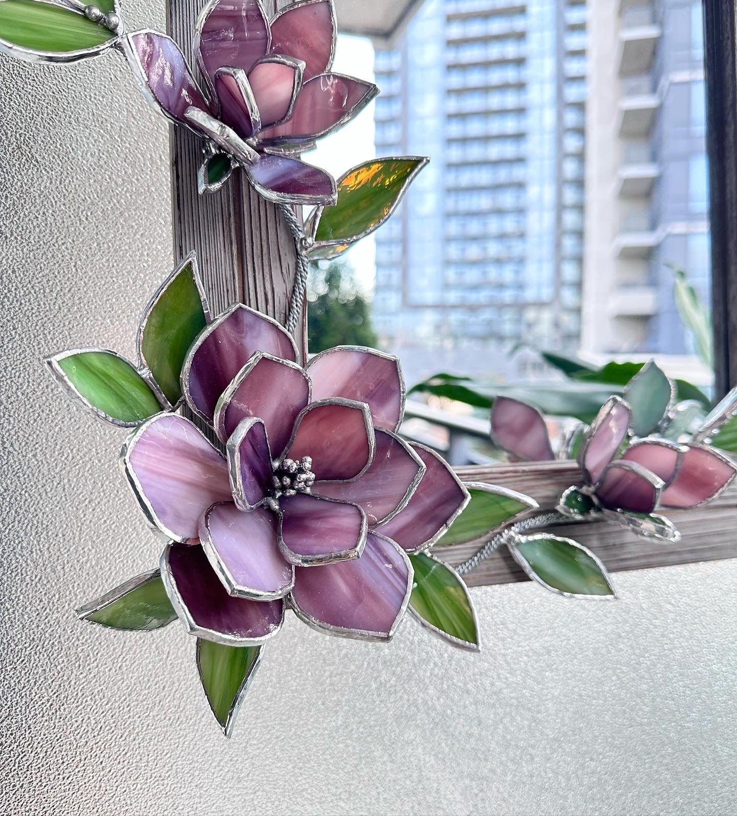 ".Flower Mirror Purple Magnolia, Stained glass Wedding Wall Decor Christmas gift Everlasting, Suncatcher, succulent, cactus