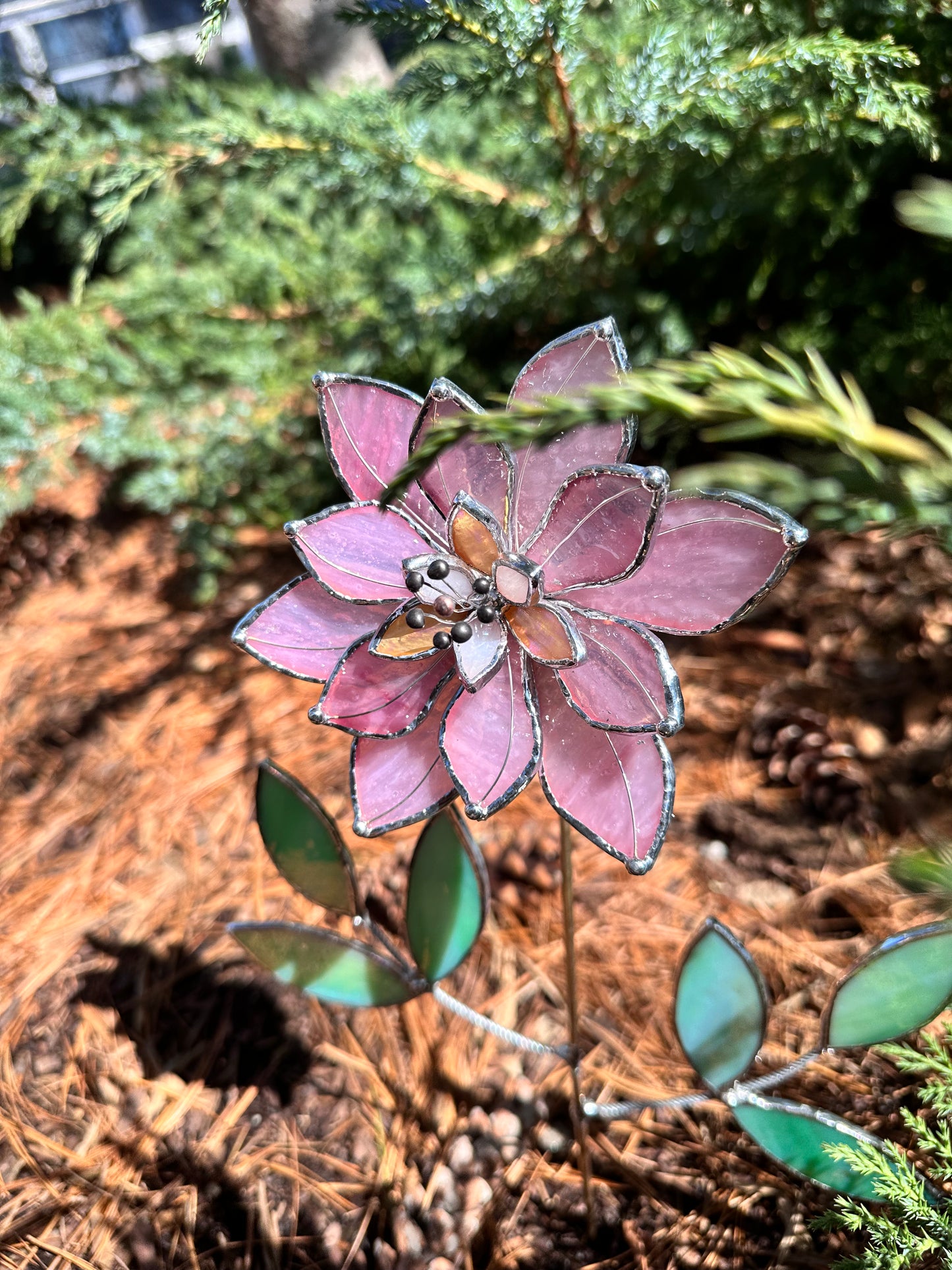 ". Candy Pink Lily translucent ribbed" Stained glass tropical flower 3D, Sun catcher, Table plant, Garden stake, wedding decor, Christmas gift, available