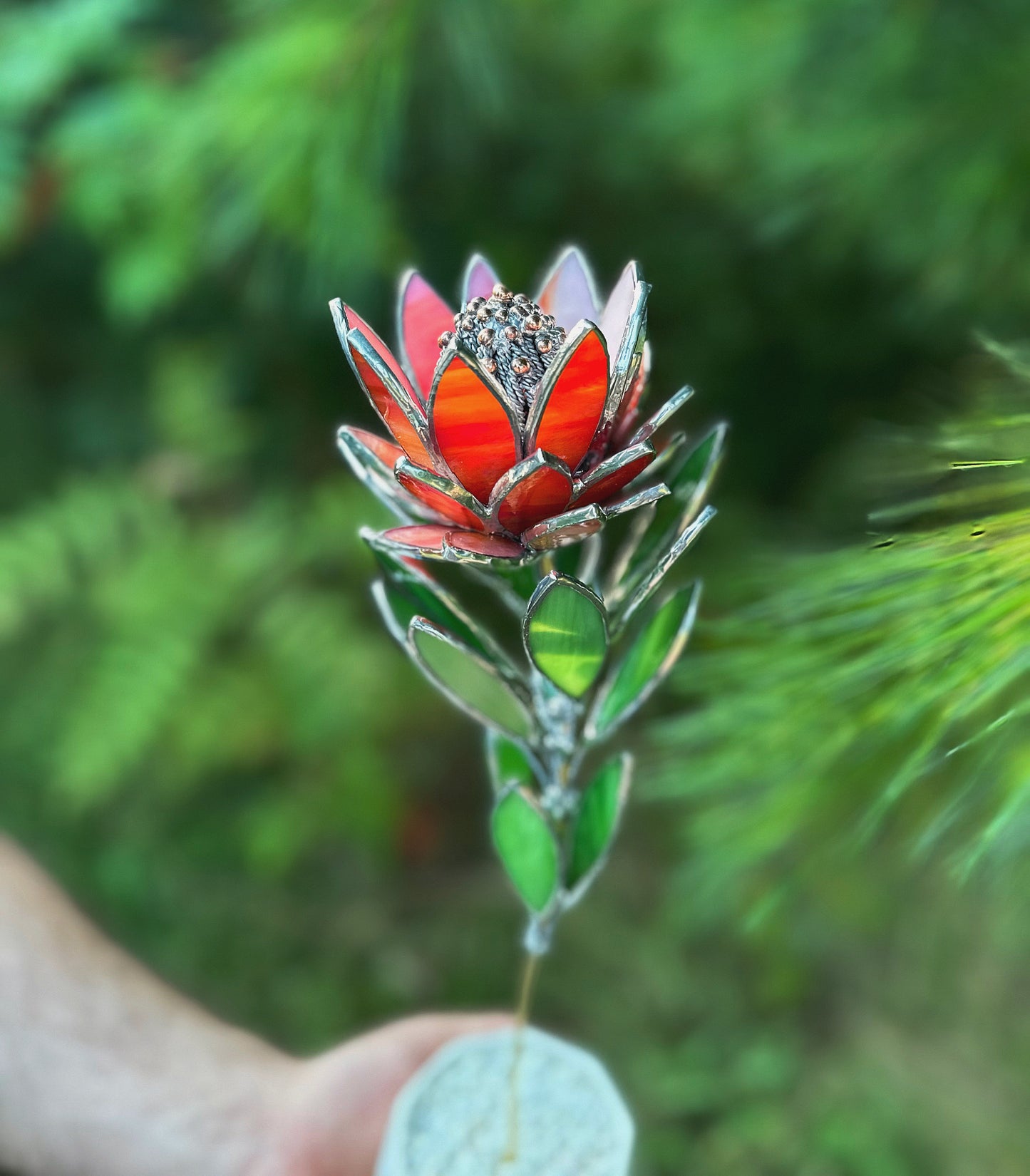 " . Amber&Red irid Protea Stained glass flower in the pot, tropical 3D Sun catcher, Table plant decor, wedding gift, available