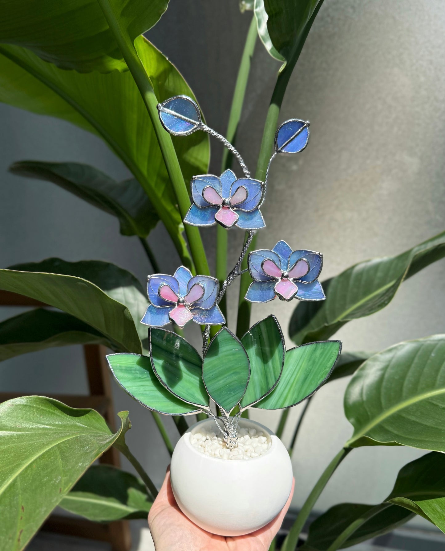 .Blue Lavender Orchid in a pot, 3 flowers Botanical Stained Glass Modern Art Decor new
