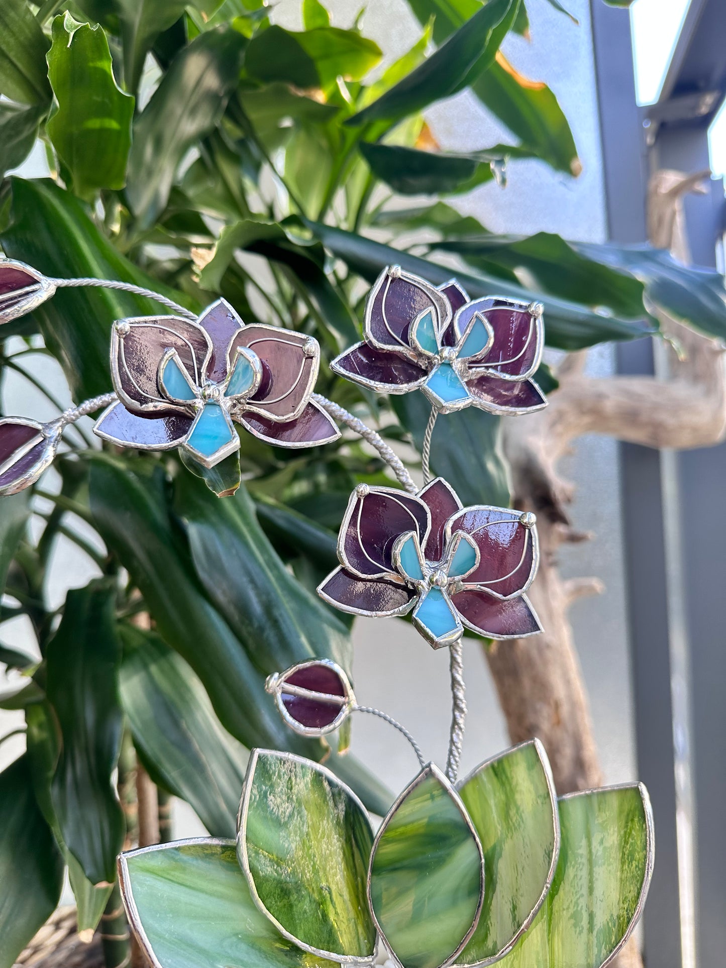 ". Reach Elderberry Orchid 3 flowers with pot” Stained glass tropical flower 3D, Sun catcher, Table plant decor, Garden stick, Outdoor and gardening decor