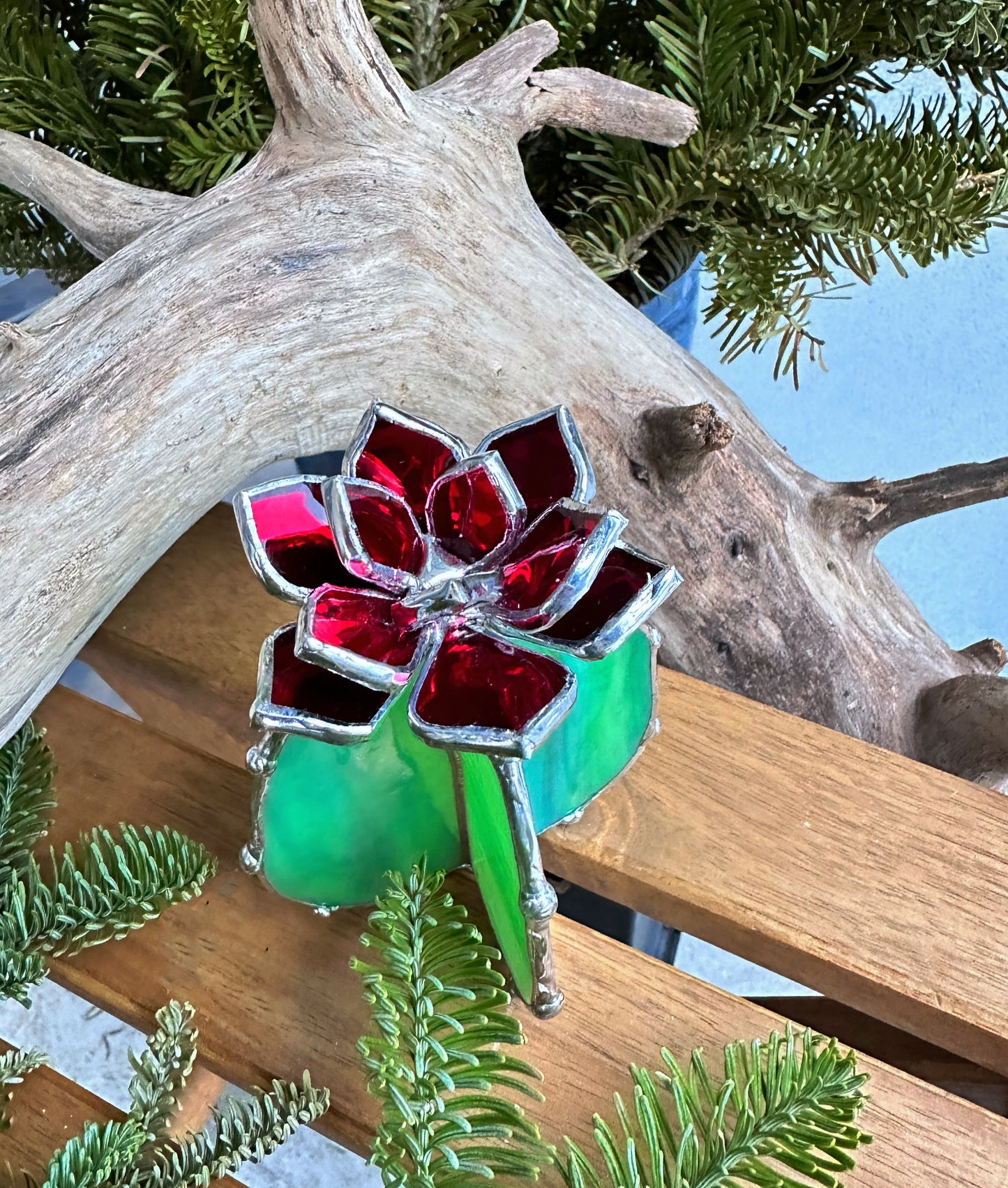 "Cactus XL Silvercoat Ruby Red & light Green Iridescent", Stained glass, Succulent 3D Cacti house plant for flower pot Sun catcher glass art wedding