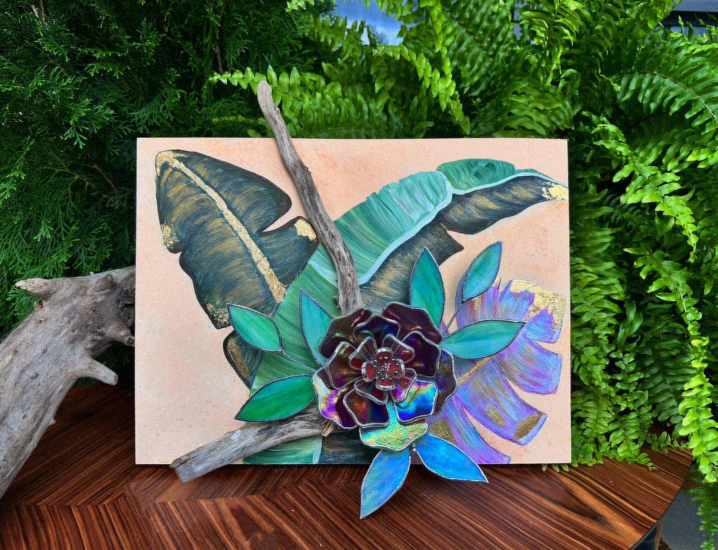 " .Acrylic painting ‘Wild Tropics’ with stained glass 3D flowers, Wall decor, Wedding, Christmas gift, available