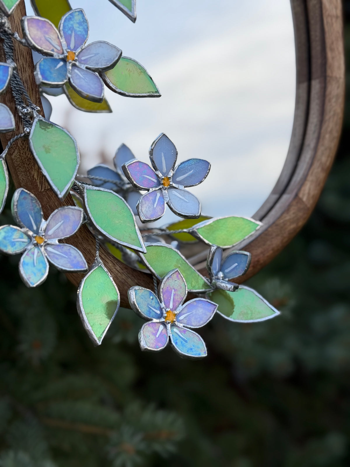 Forget Me Not iridescent Stained glass Flower Mirror, 3D Botanical Floral Wall Art ready new
