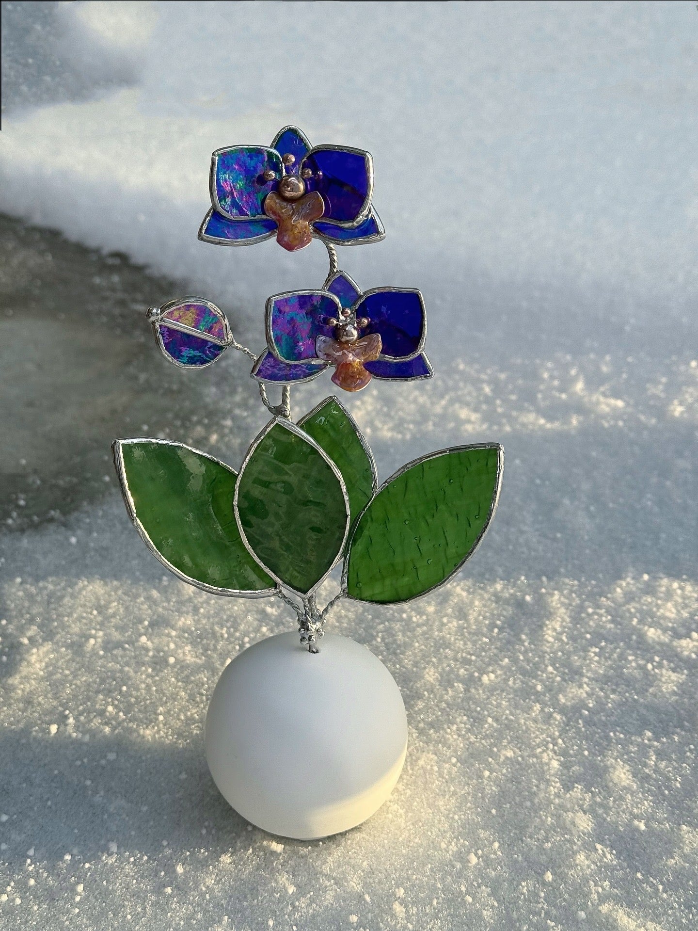 Orchid Indigo Stained Glass Artisan Flower, Botanical Table Decor