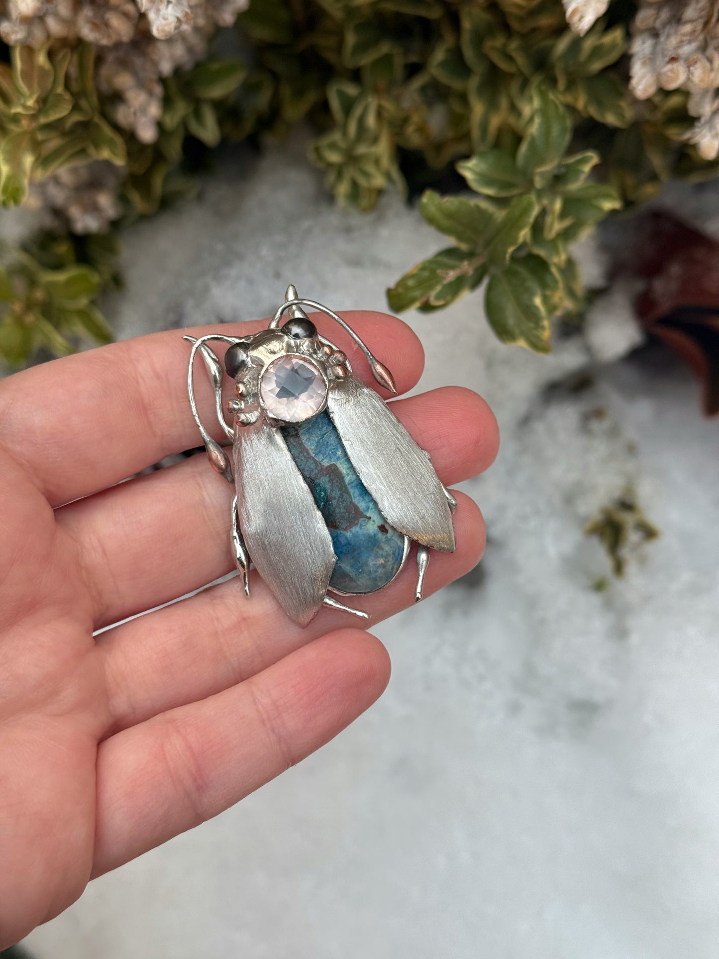 "  . Bug Necklace or Brooch with semi-precious stones and fused glass, art jewelry pendant 3D wedding jewelry Mother’s Day gift