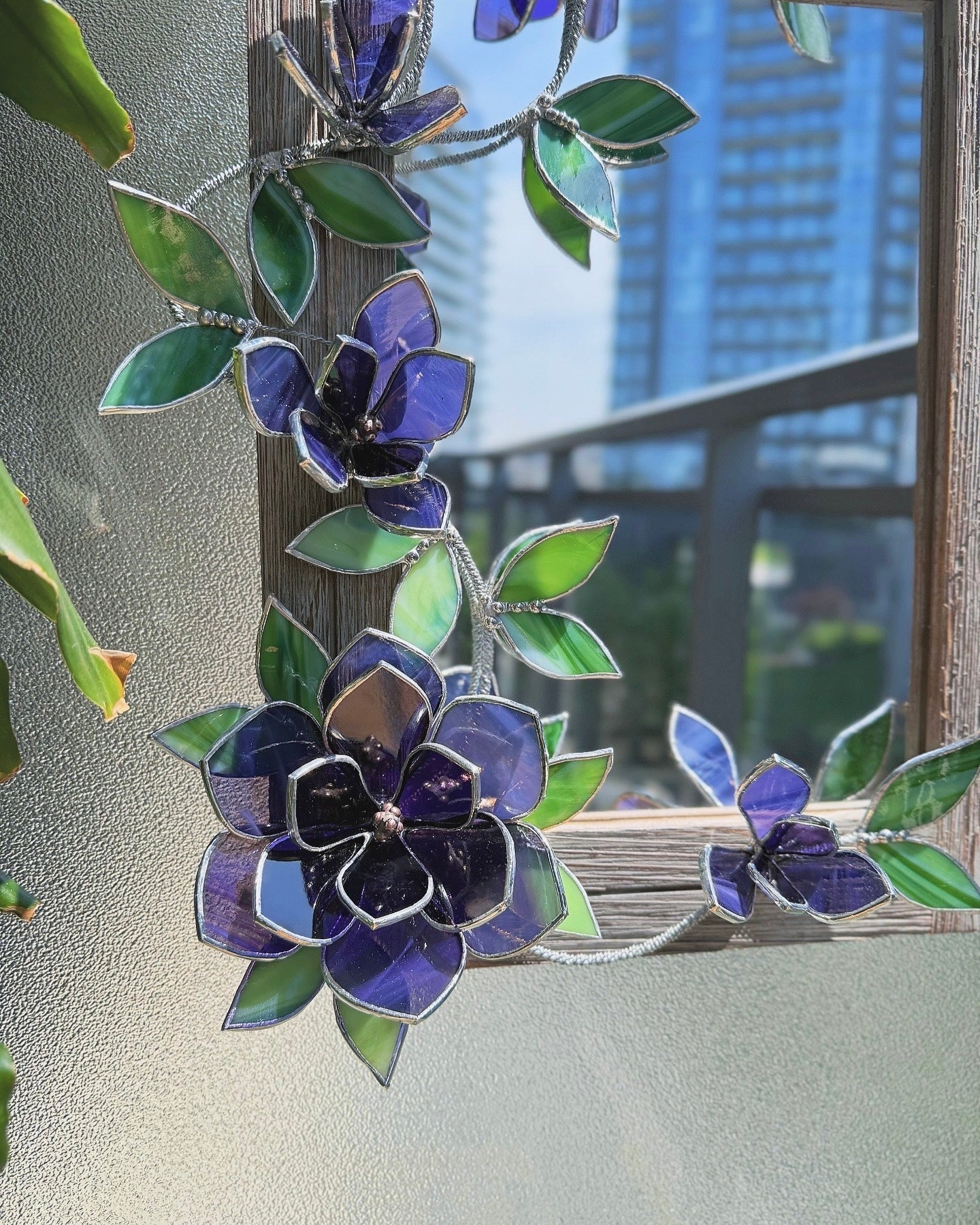 " . Amethyst translucent Magnolia Flower Mirror, Stained glass Wedding Wall Decor Christmas gift, Suncatcher