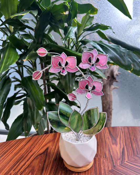 ". Baby Pink Orchid 3 flowers with pot” Stained glass tropical flower 3D, Sun catcher, Table plant, Garden stick, Outdoor and gardening decor