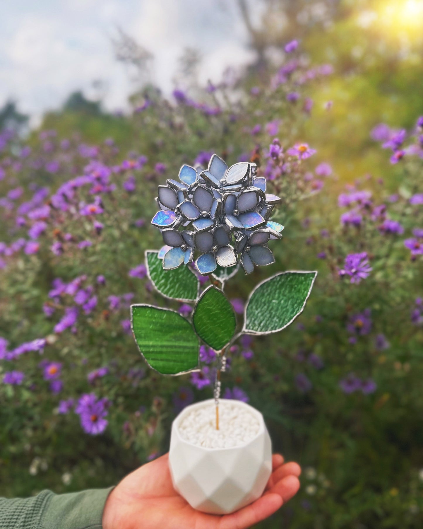 " . Blue lavender Hydrangea bunch iridescent in the pot”, Stained glass tropical flower 3D, Sun catcher, Table plant, Garden stick, Outdoor and gardening decor