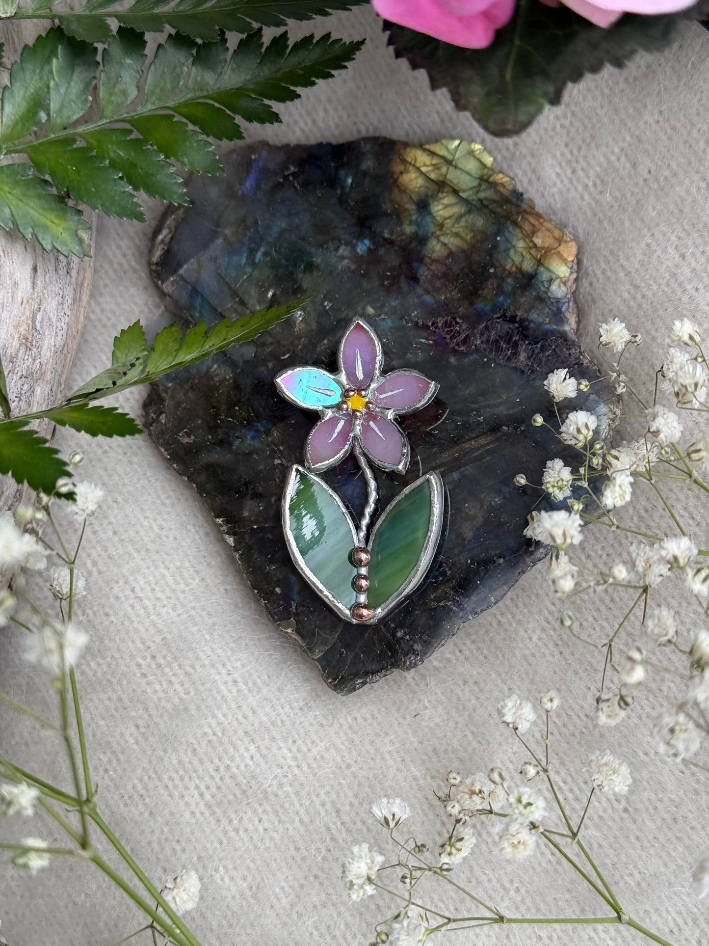 Forget me not Pink Brooch Stained Glass Flower Pin, Modern Art Jewelry statement ready