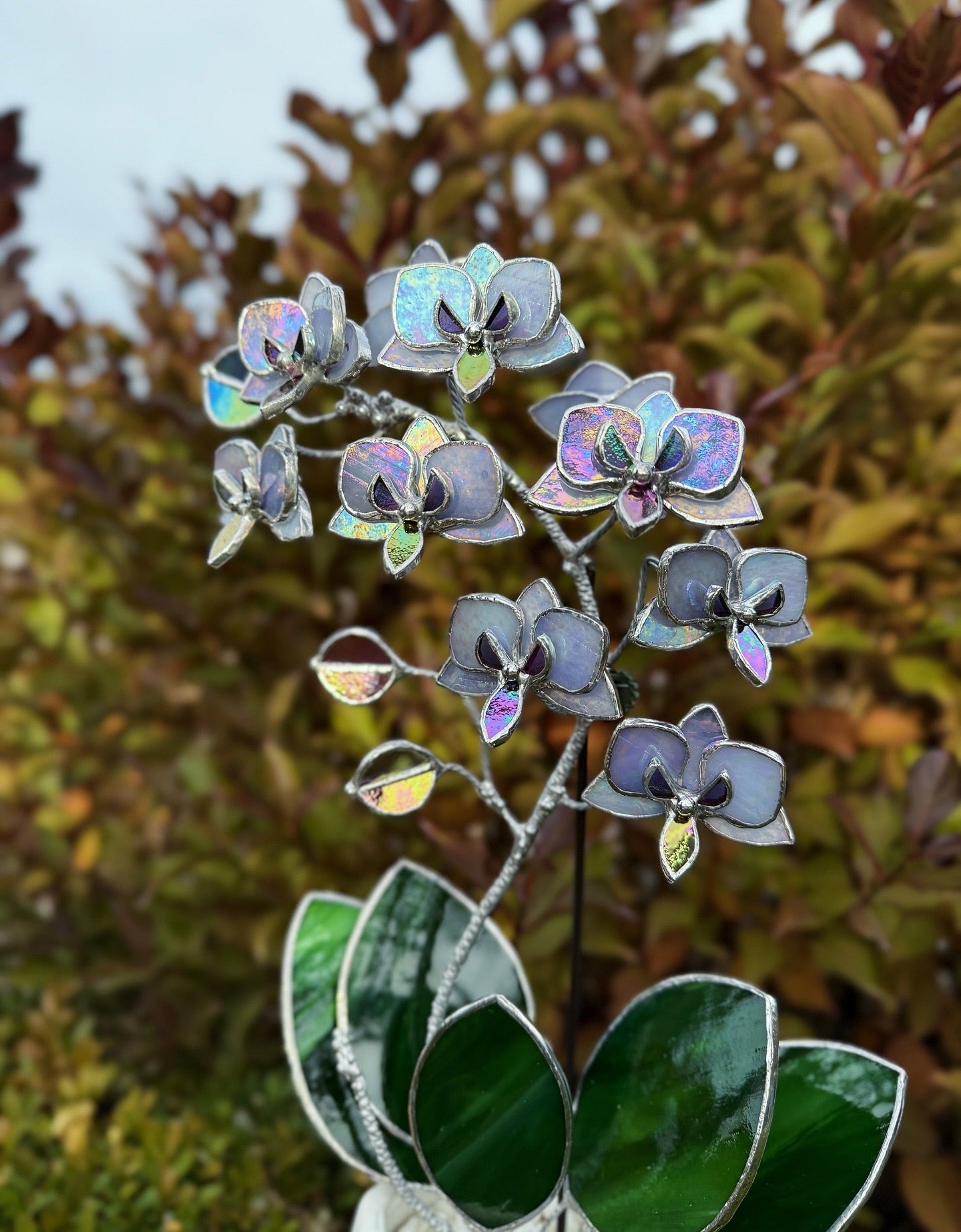 "  . Stained glass Orchid Lavender iridescent, double sided, 10 flowers with pot”, Stained glass tropical flower 3D, Suncatcher, Table plant decor