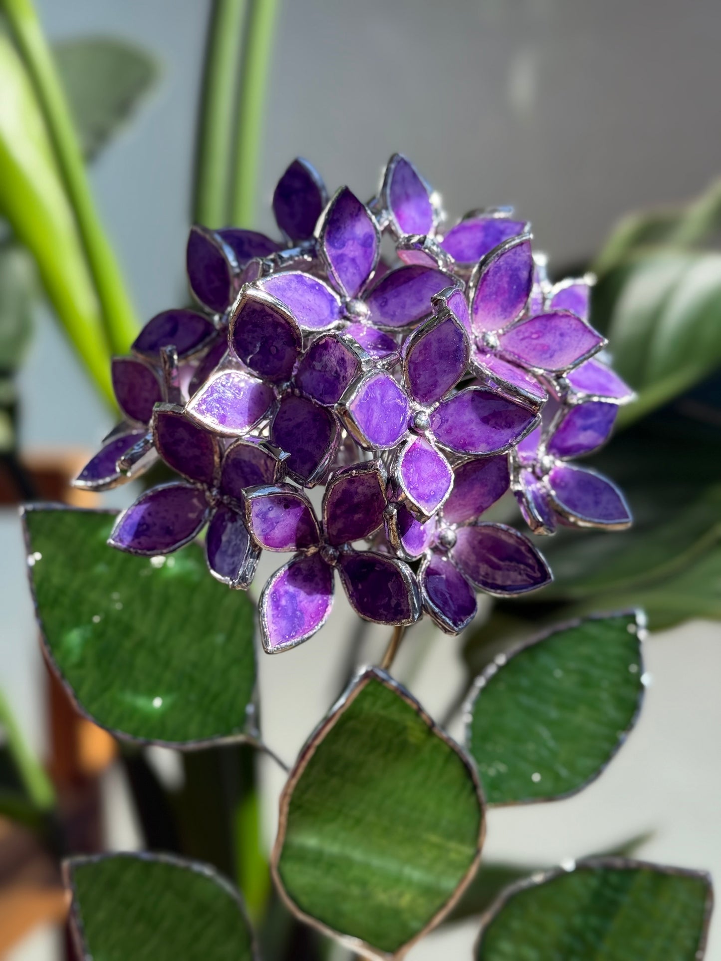 .Hand Painted Hydrangea Purple Stained glass Handcrafted Floral Home Decor