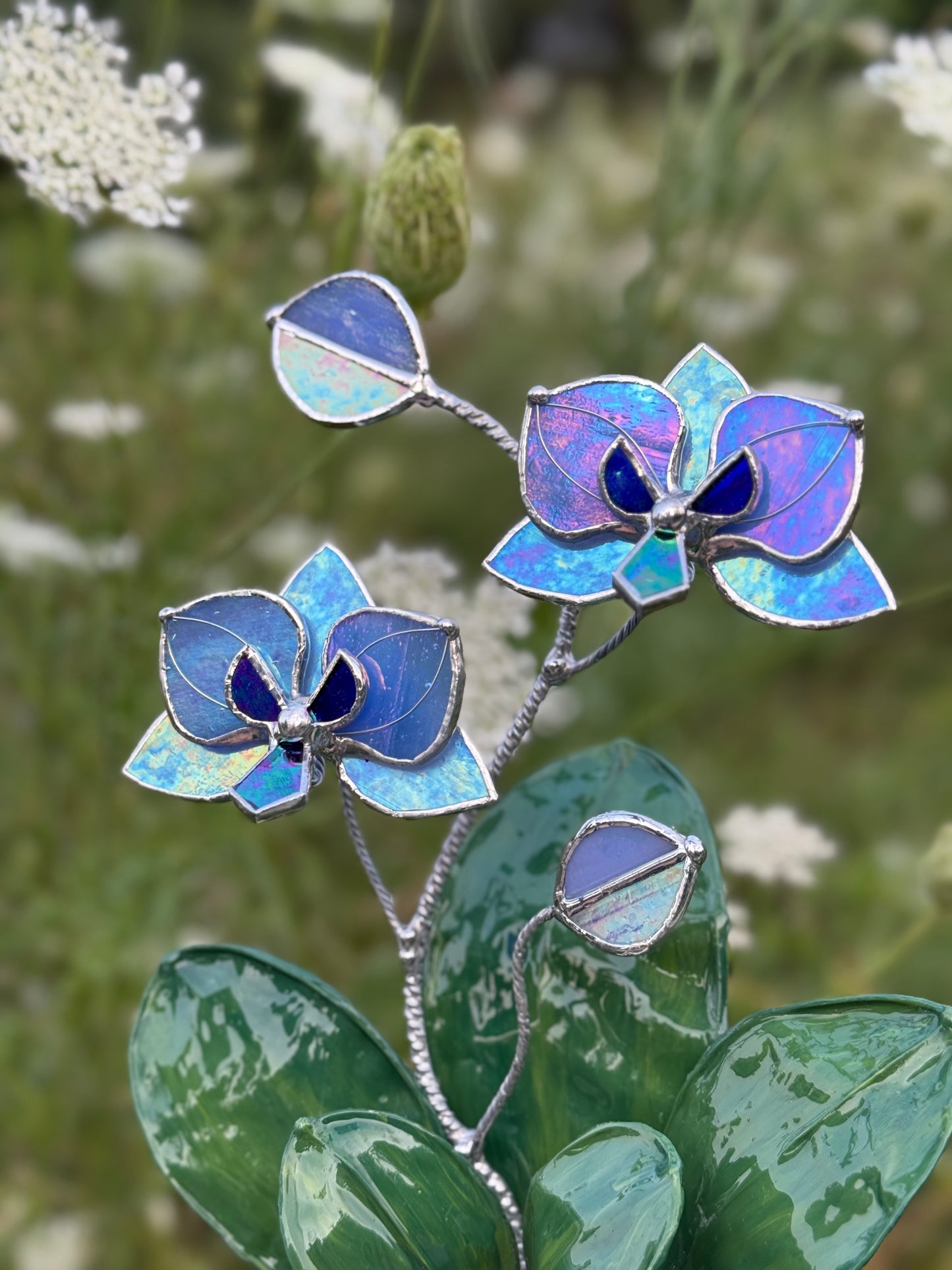 Orchid Blue lavender WITH RESIN Hand painted LEAVES Stained Glass 2 flowers in a Pot, Botanical Art Sculpture