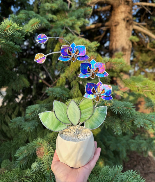 " . Indigo iridescent Orchid 3 flowers with pot ” Stained glass tropical flower 3D, Sun catcher, Table plant, Garden stick, Outdoor and gardening decor