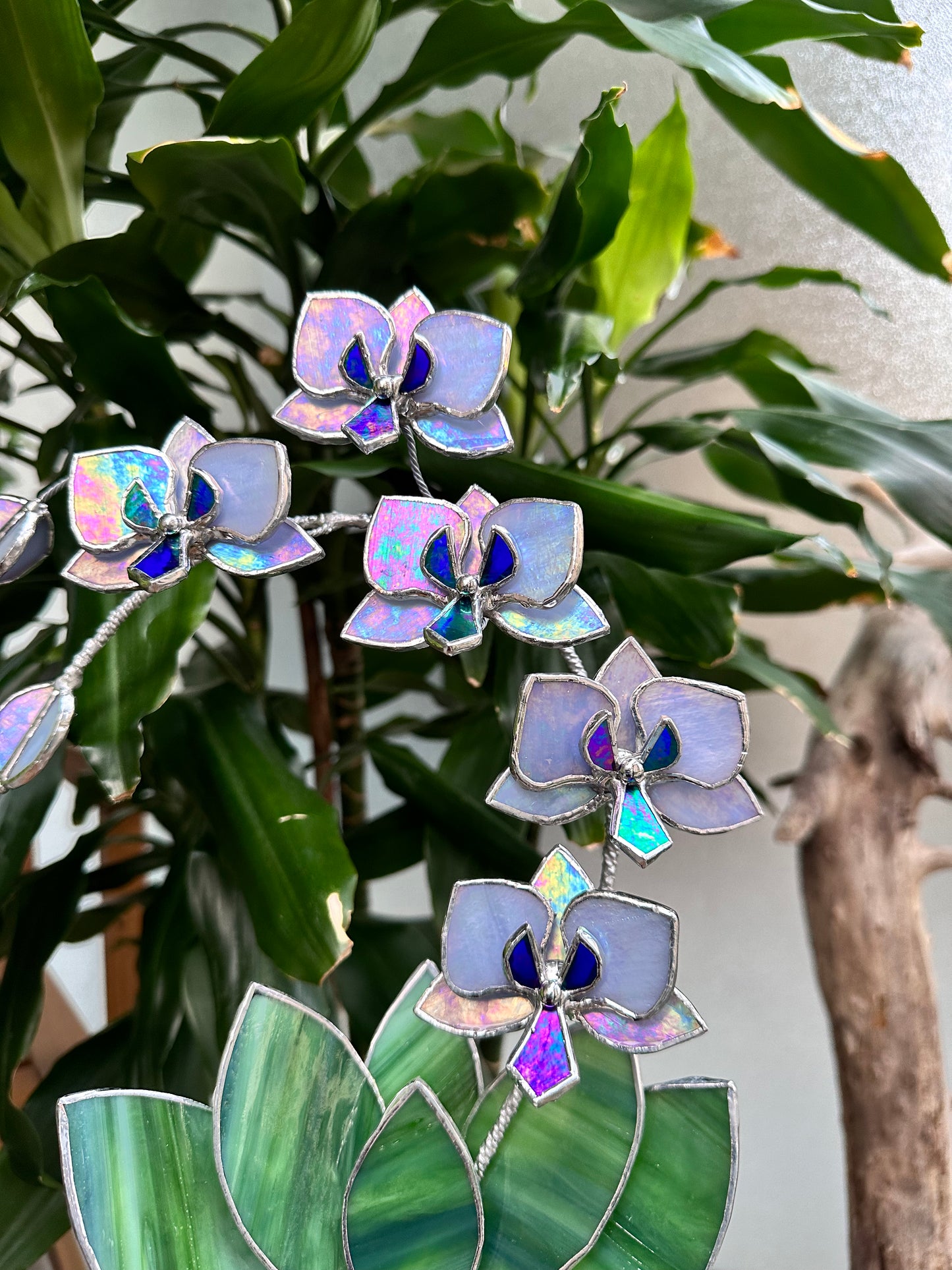 " . Lavender iridescent Orchid 5 flowers with pot" Stained glass tropical flower 3D, Sun catcher, Table plant, Garden stick, wedding decor, Christmas gift