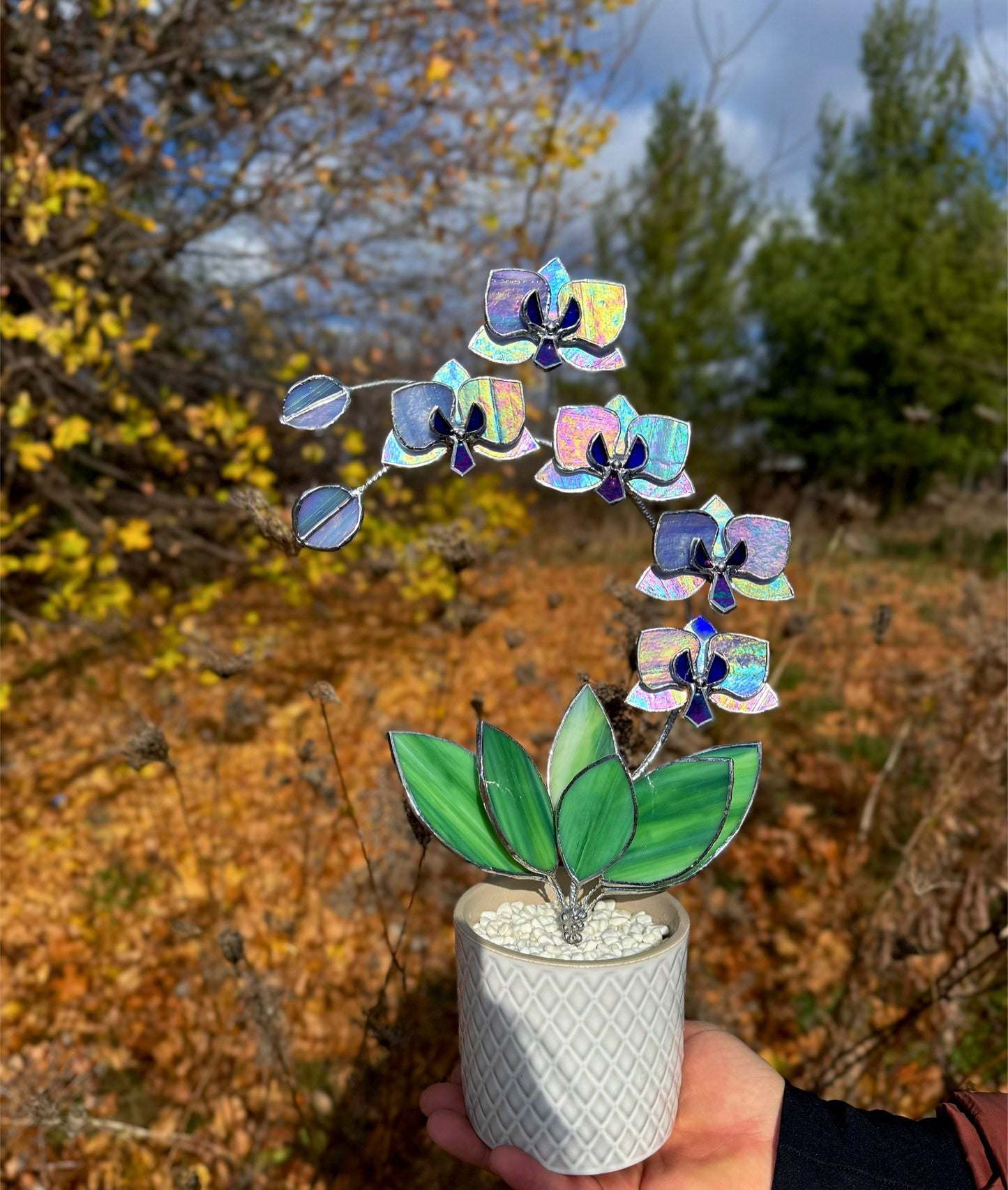 " . Lavender iridescent Orchid 5 flowers with pot" Stained glass tropical flower 3D, Sun catcher, Table plant, Garden stick, wedding decor, Christmas gift