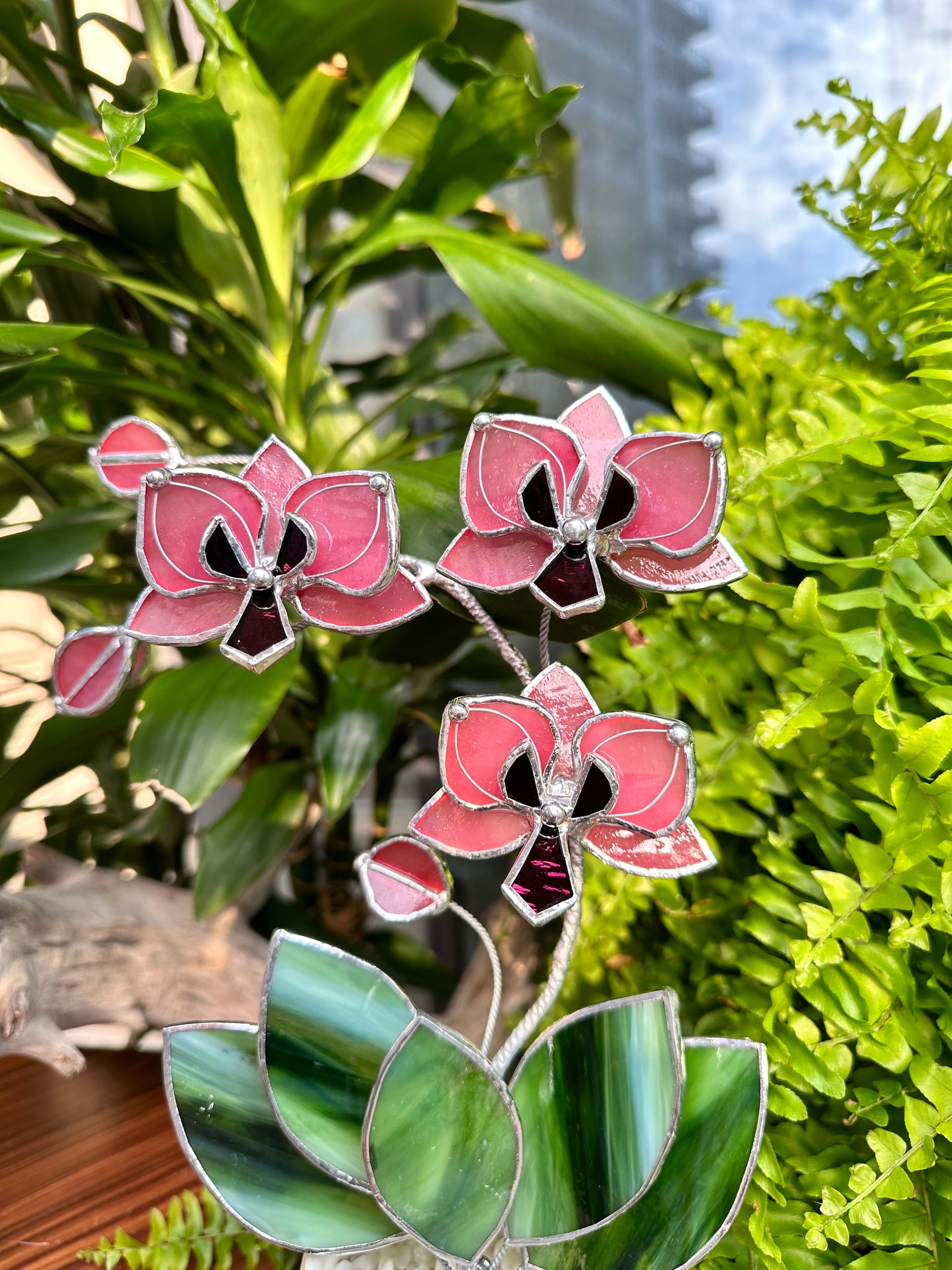 ". Baby Pink Orchid 3 flowers with pot” Stained glass tropical flower 3D, Sun catcher, Table plant, Garden stick, Outdoor and gardening decor