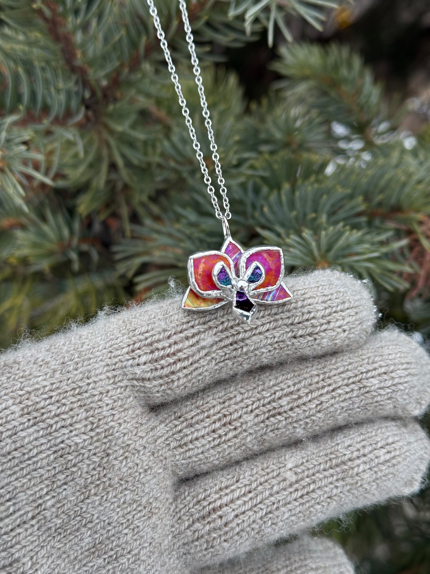 " . Necklace Orchid Red peachy orange iridescent Necklace” Stained glass tropical flower 3D, art jewelry