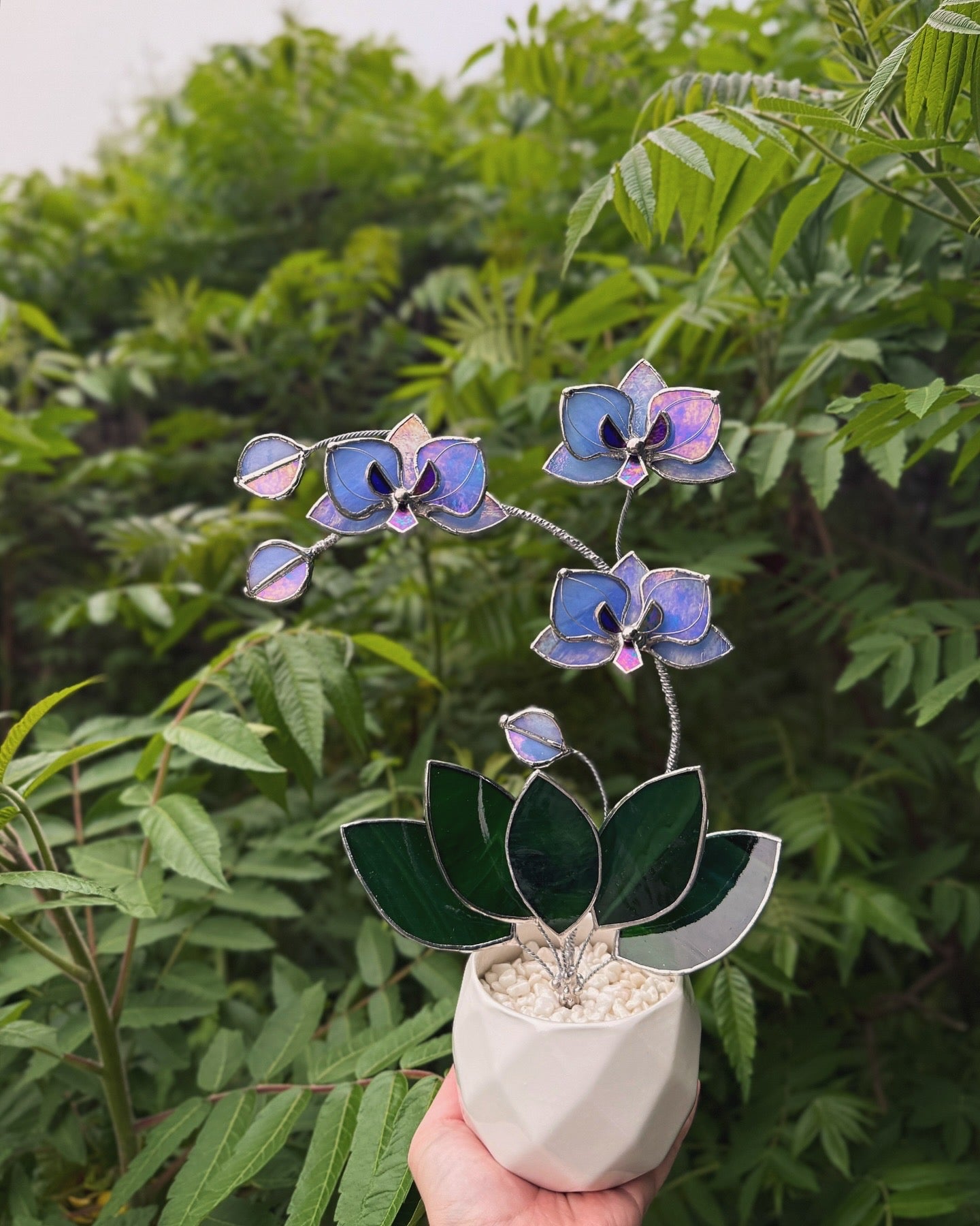 " . Blue lavender iridescent Orchid 3 flowers with pot” Stained glass tropical flower 3D, Sun catcher, Table plant, Garden stick, Outdoor and gardening decor available new