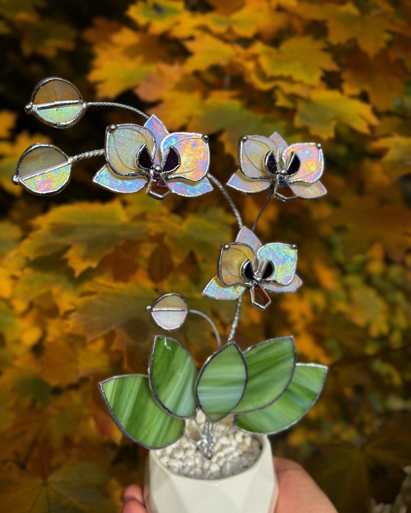 " . Lemon yellow iridescent Orchid 3 flowers with pot” Stained glass tropical flower 3D, Sun catcher, Table plant, Garden stick, Outdoor and gardening decor