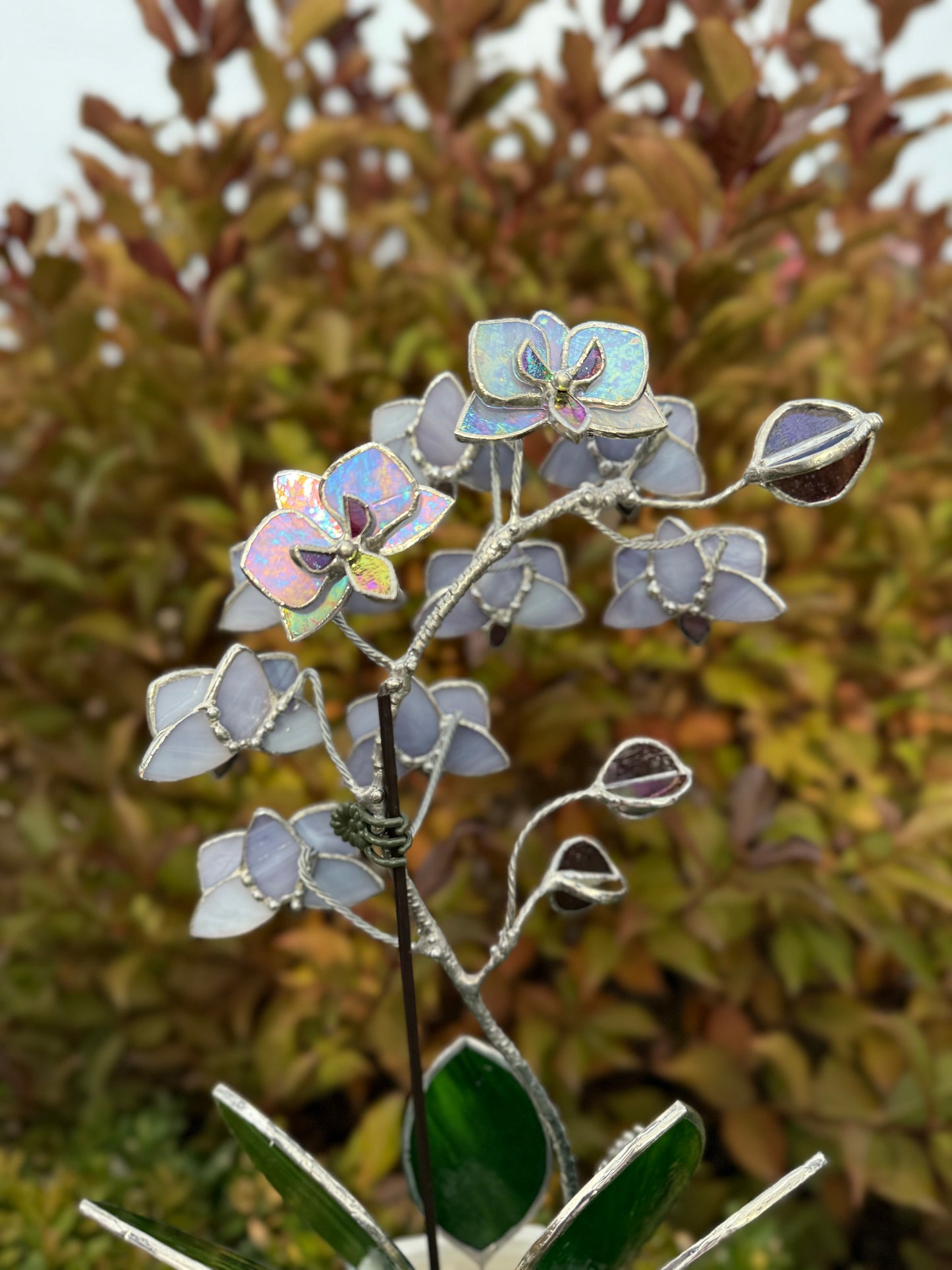 "  . Stained glass Orchid Lavender iridescent, double sided, 10 flowers with pot”, Stained glass tropical flower 3D, Suncatcher, Table plant decor
