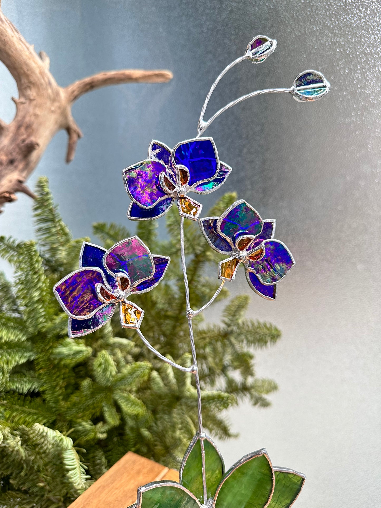 ".Orchid flower “Indigo iridescent", Stained glass Suncatcher flower 3D, plant, Wedding Christmas Gift , Outdoor decor