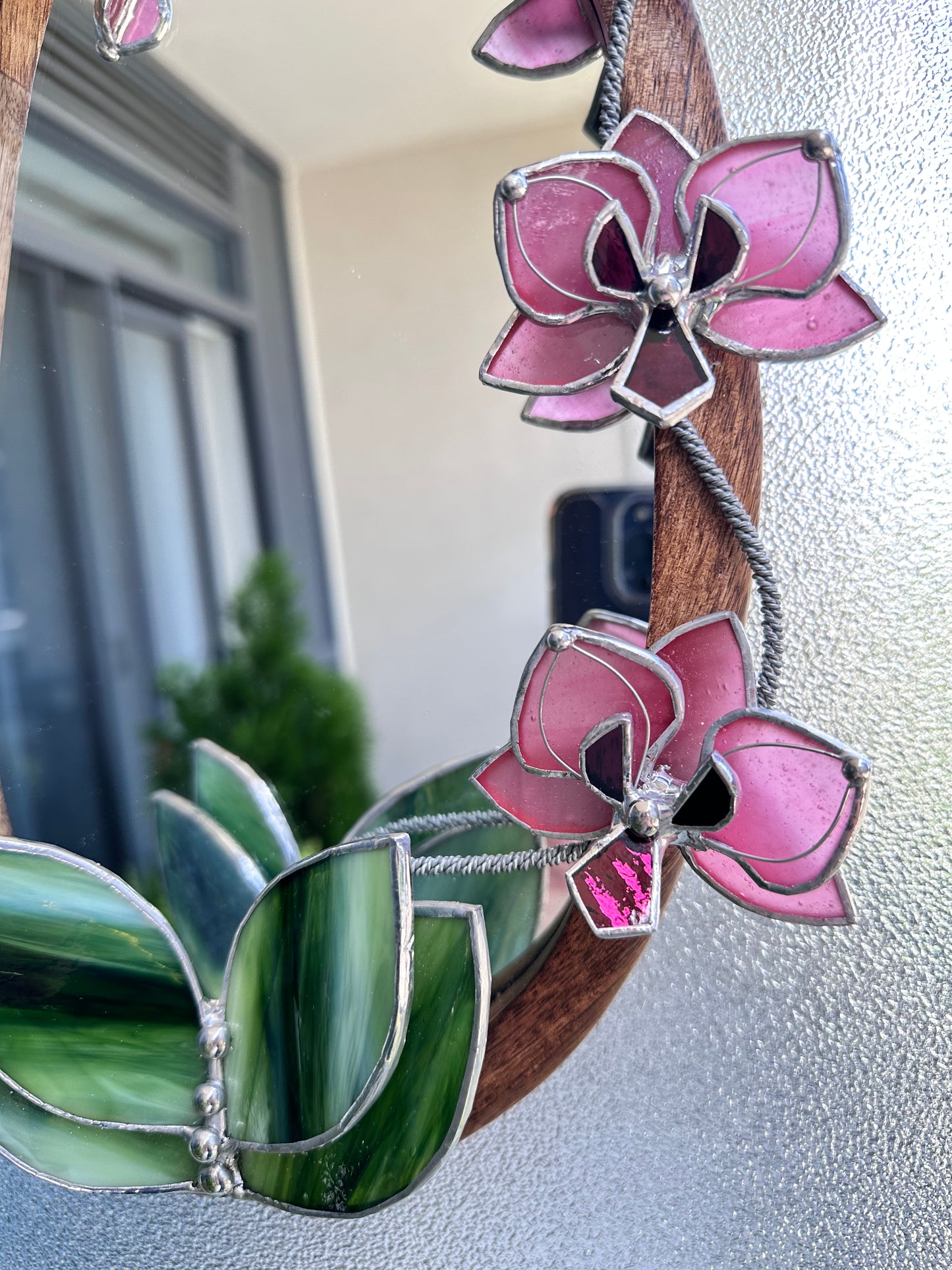 " . Baby Pink Orchid Mirror”, Stained glass flower Wall decor, Suncatcher, Home wedding Decor, Christmas gift, available