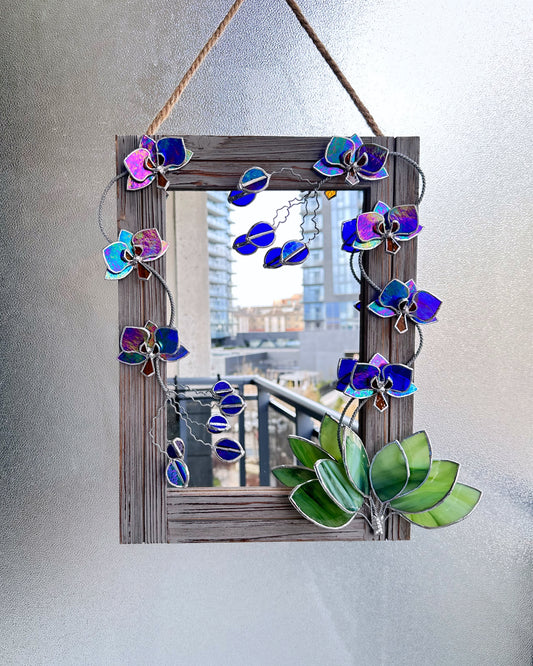 ". Blooming Orchid Indigo iridescent" Stained glass flower Mirror, Wall decor, Wedding, Christmas gift