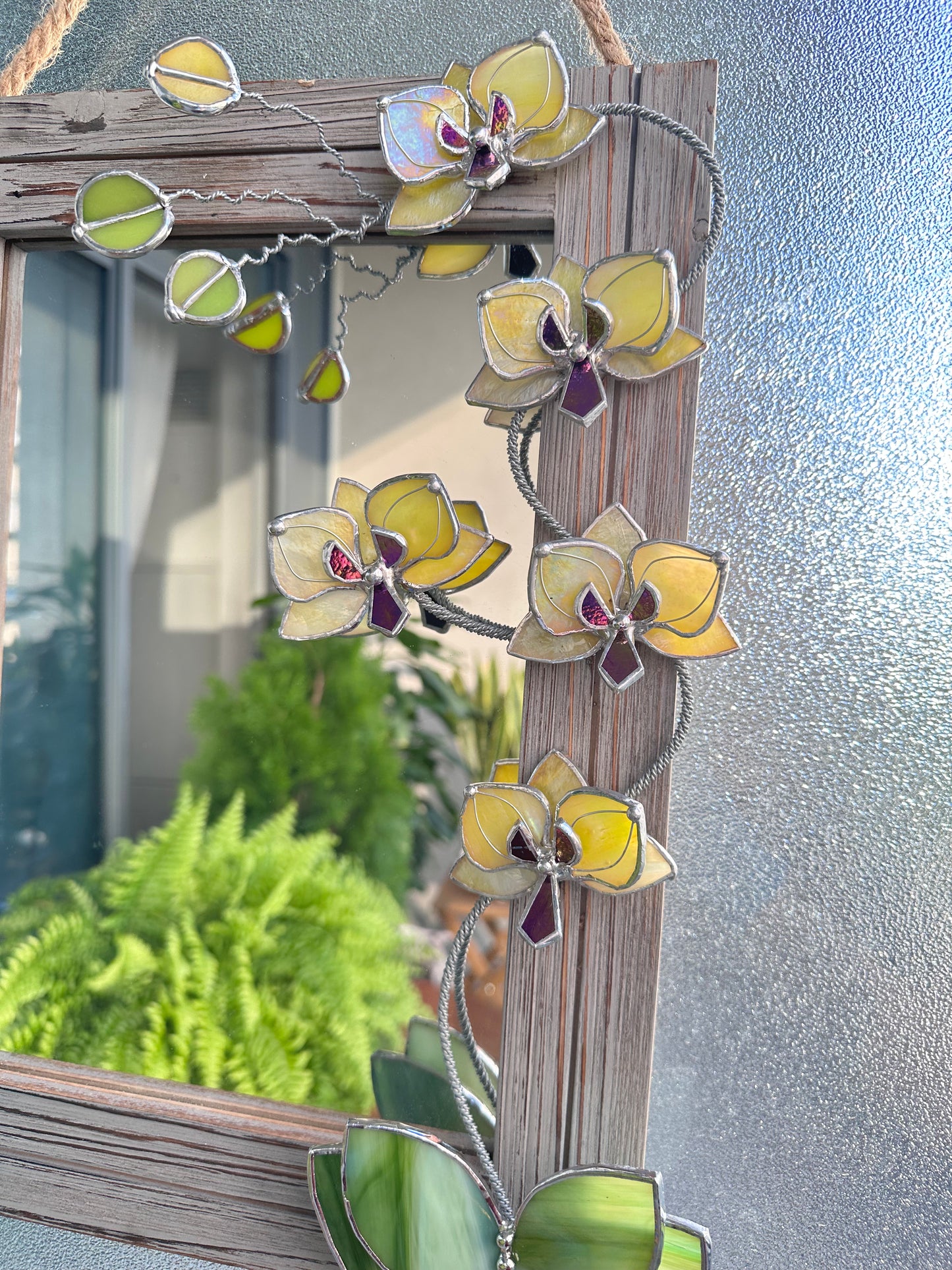 ". Blooming Orchid Yellow iridescent" Stained glass flower Mirror, Wall decor, Wedding, Christmas gift