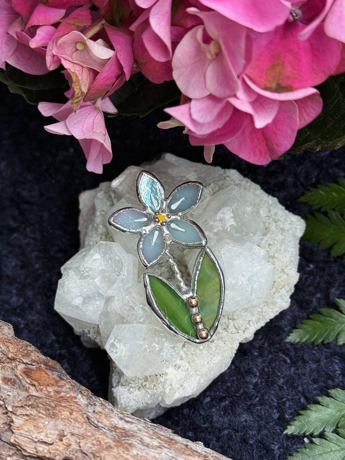 Forget me not Blue Brooch Stained Glass Flower Pin, Modern Art Jewelry statement ready