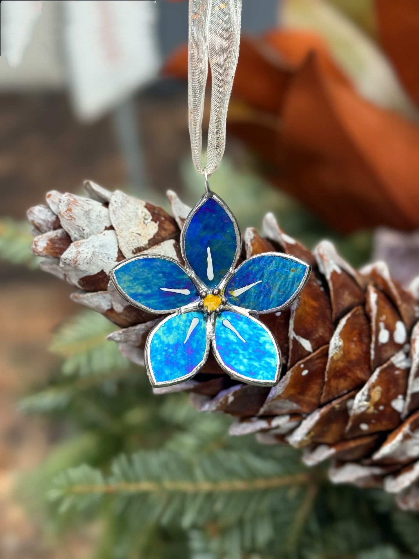 Forget Me Not Stained Glass Ornament Indigo Handmade Floral Suncatcher