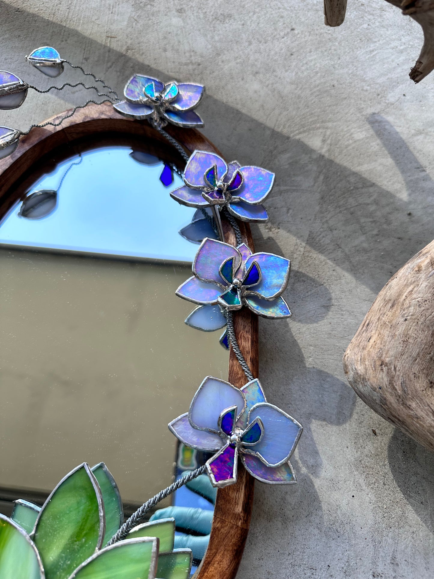 " . Lavender iridescent Orchid Mirror”, Stained glass flower Wall decor, Suncatcher, Home wedding Decor, Christmas gift, available