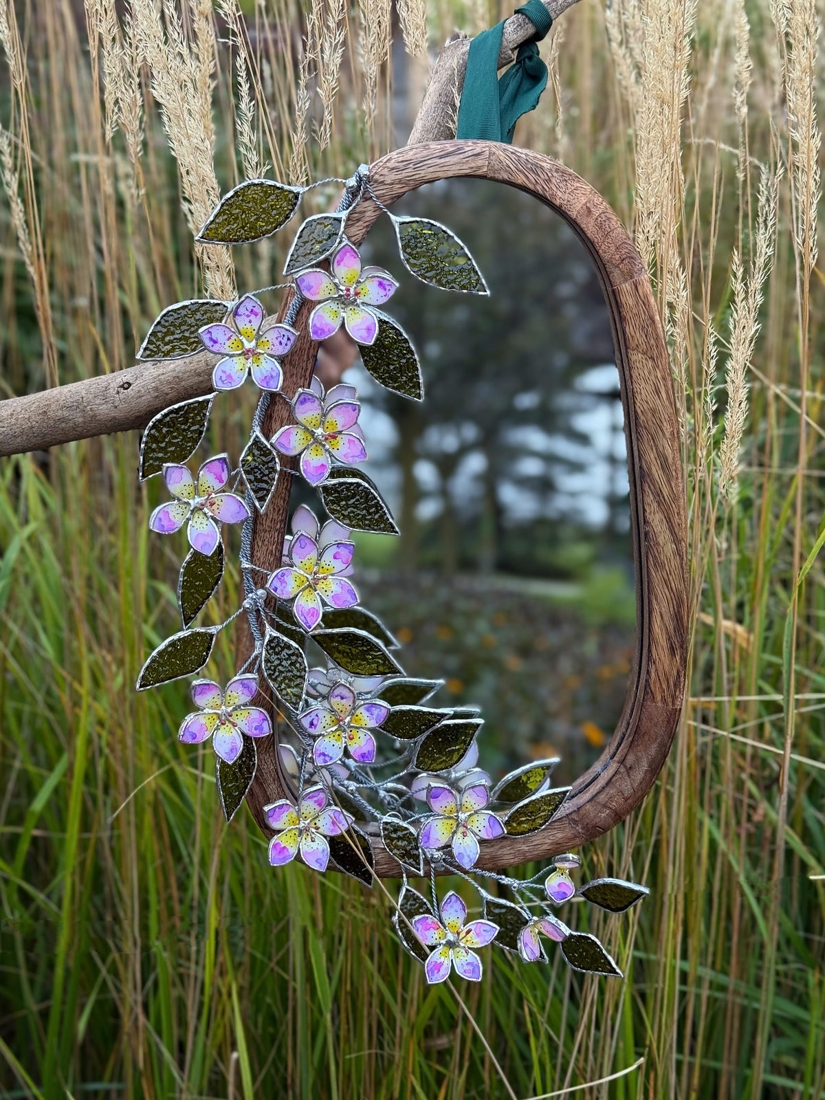 Hand Painted Tropical Flower Stained glass Flower Mirror, 3D Botanical Floral Wall Art ready new