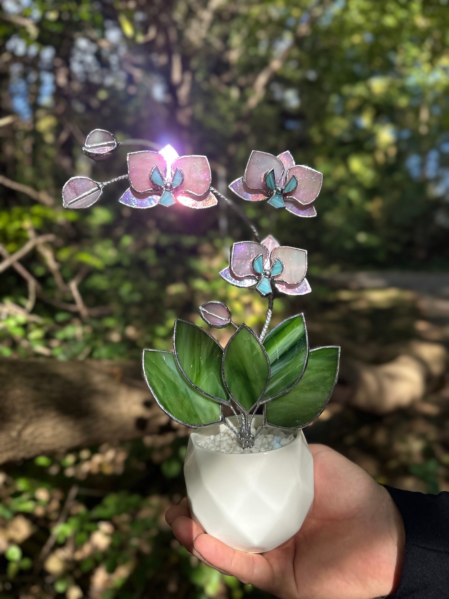 " . Candy Pink iridescent Orchid 3 flowers with pot” Stained glass tropical flower 3D, Sun catcher, Table plant, Garden stick, Outdoor and gardening decor