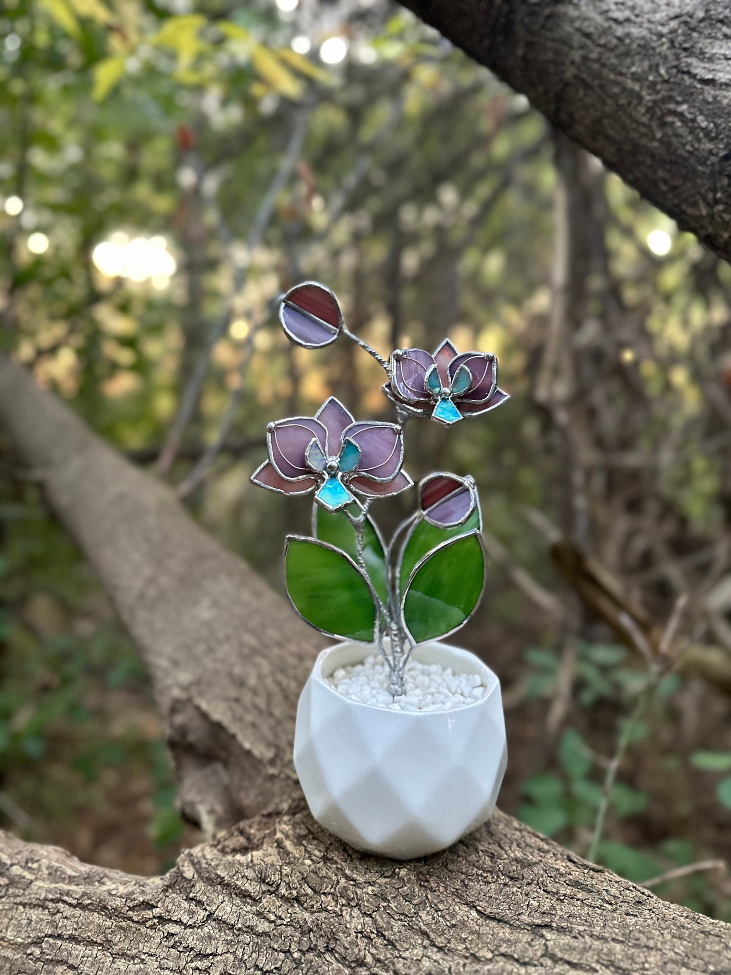 " . Dusty Rose Orchid 2 flowers with pot” Stained glass tropical flower 3D, Sun catcher, Table plant decor, Garden stick, Outdoor and gardening decor