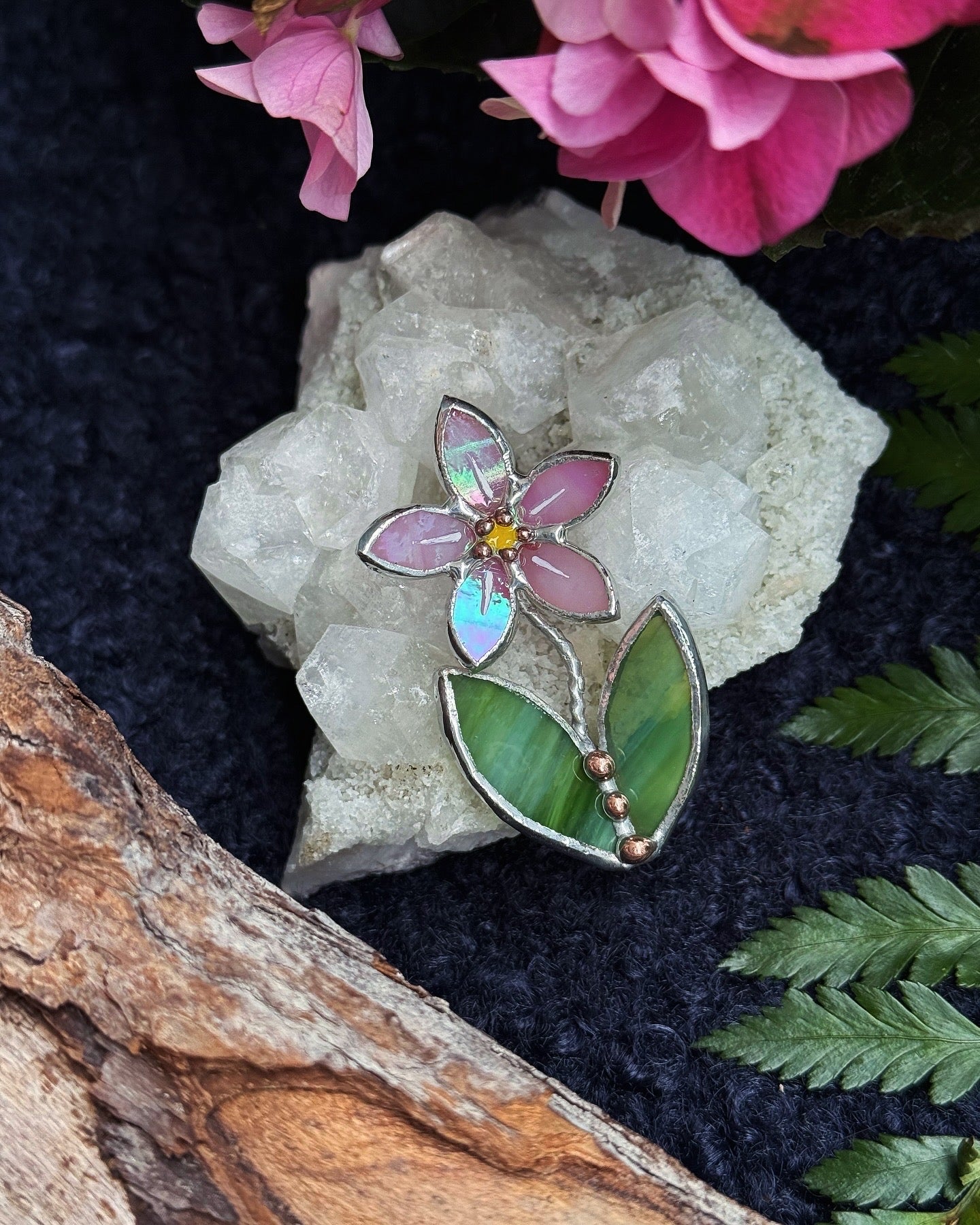 Forget me not Pink Brooch Stained Glass Flower Pin, Modern Art Jewelry statement ready