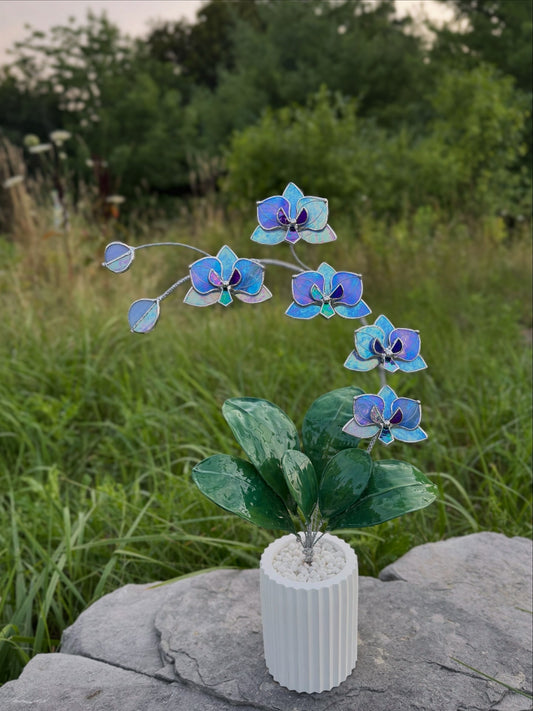 .Blue lavender Orchid, WITH RESIN LEAVES, 5 Flowers, Handmade Stained Glass Botanical Art Decor