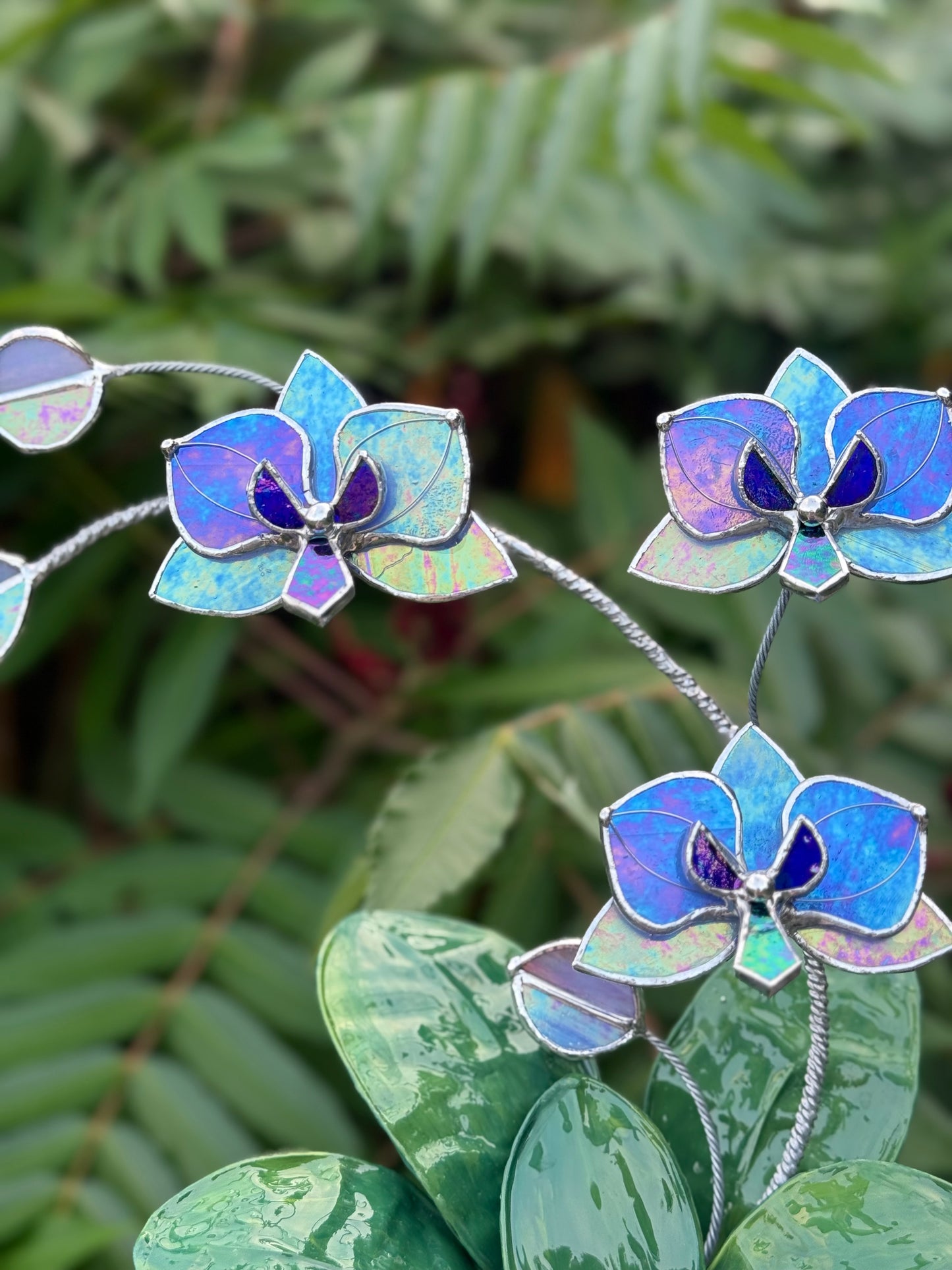 Orchid Lavender Blue Stained Glass WITH Hand Painted RESIN LEAVES, 3 Flowers, Botanical Table Decor
