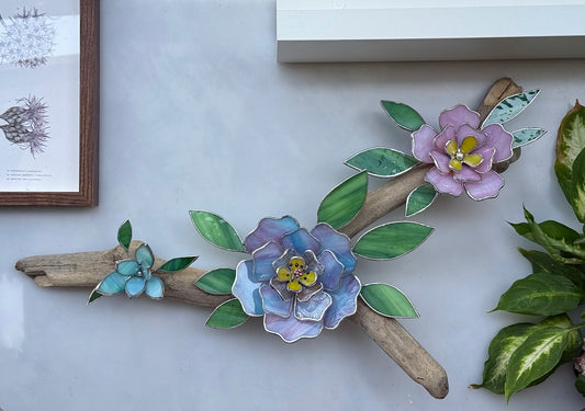 .Peonies Stained Glass Driftwood Wall Decor Suncatcher